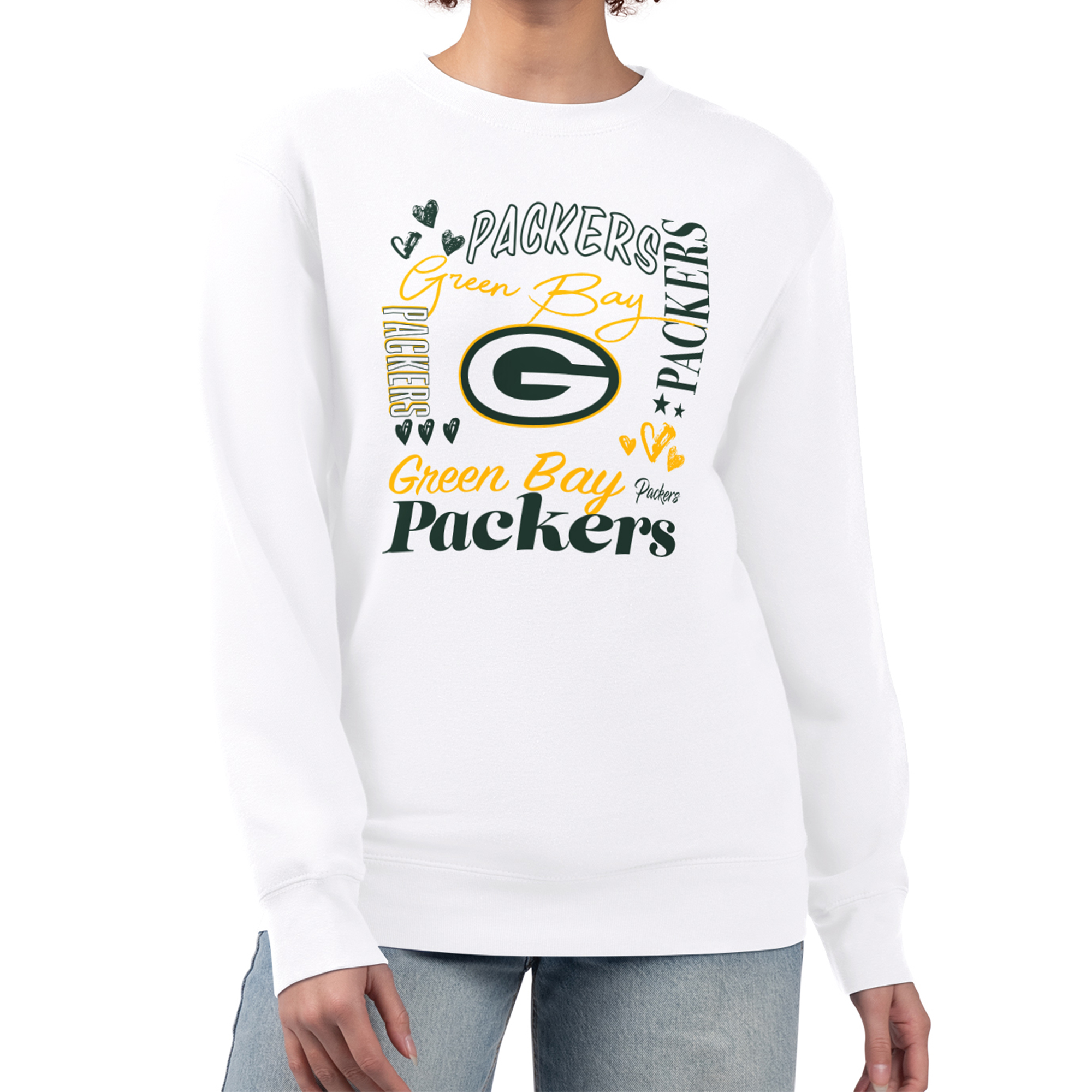 Women's G-III 4Her by Carl Banks White Green Bay Packers Collage Graphic Fleece Pullover Sweatshirt