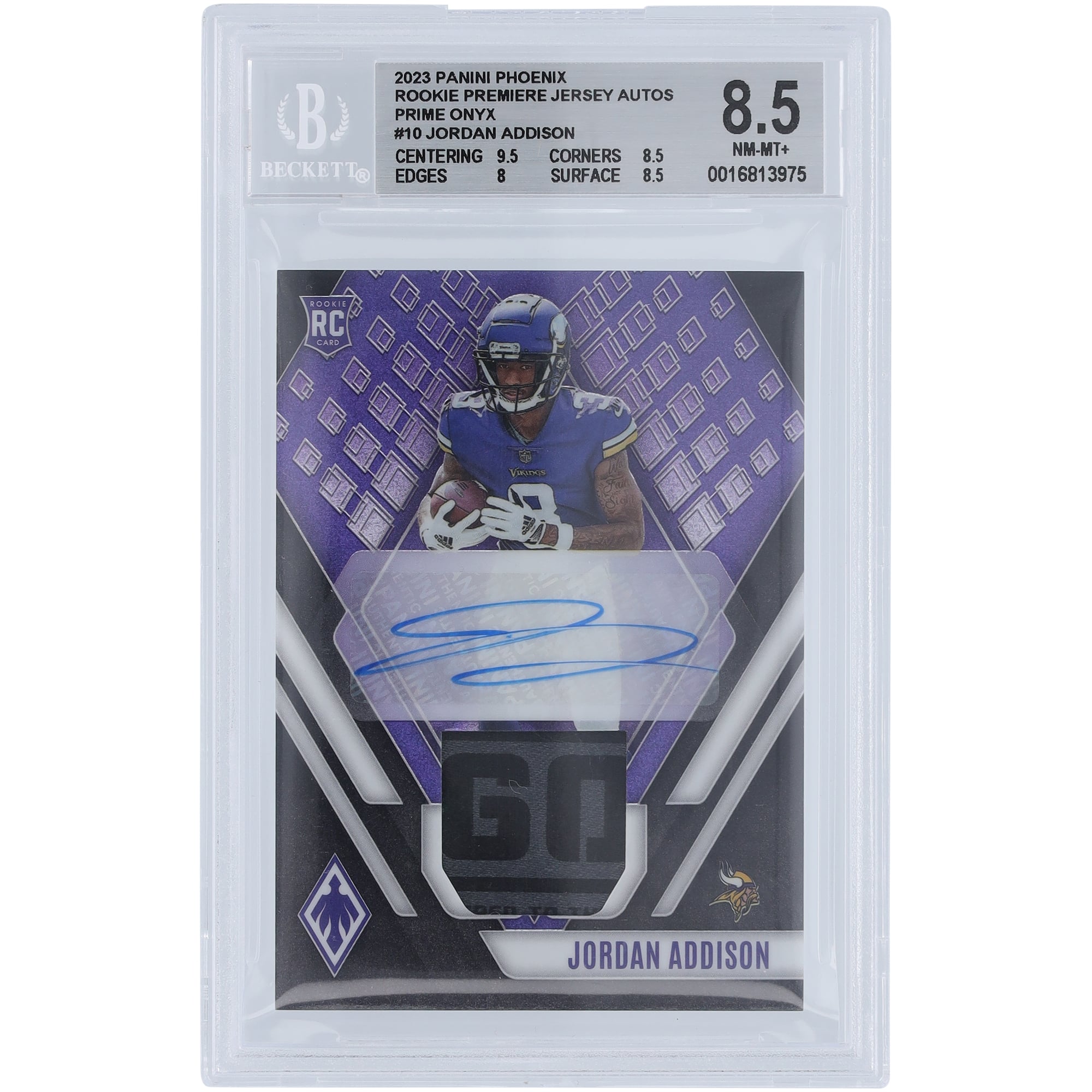 Jordan Addison Minnesota Vikings Autographed 2023 Panini Phoenix Laundry Tag Relic #RAJ-JA #5/5 BGS Authenticated 8.5 Rookie Card – 9.5,8.5,8,8.5 Subgrades