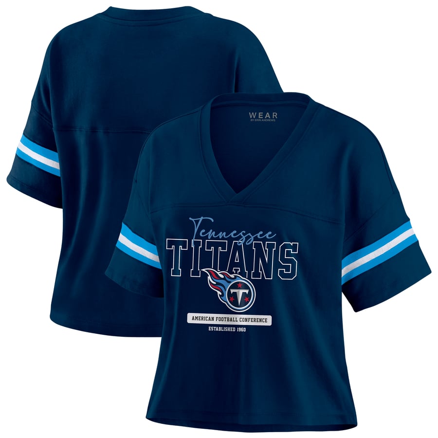 Women's WEAR by Erin Andrews Navy Tennessee Titans Color Block Boxy Modest Crop V-Neck T-Shirt