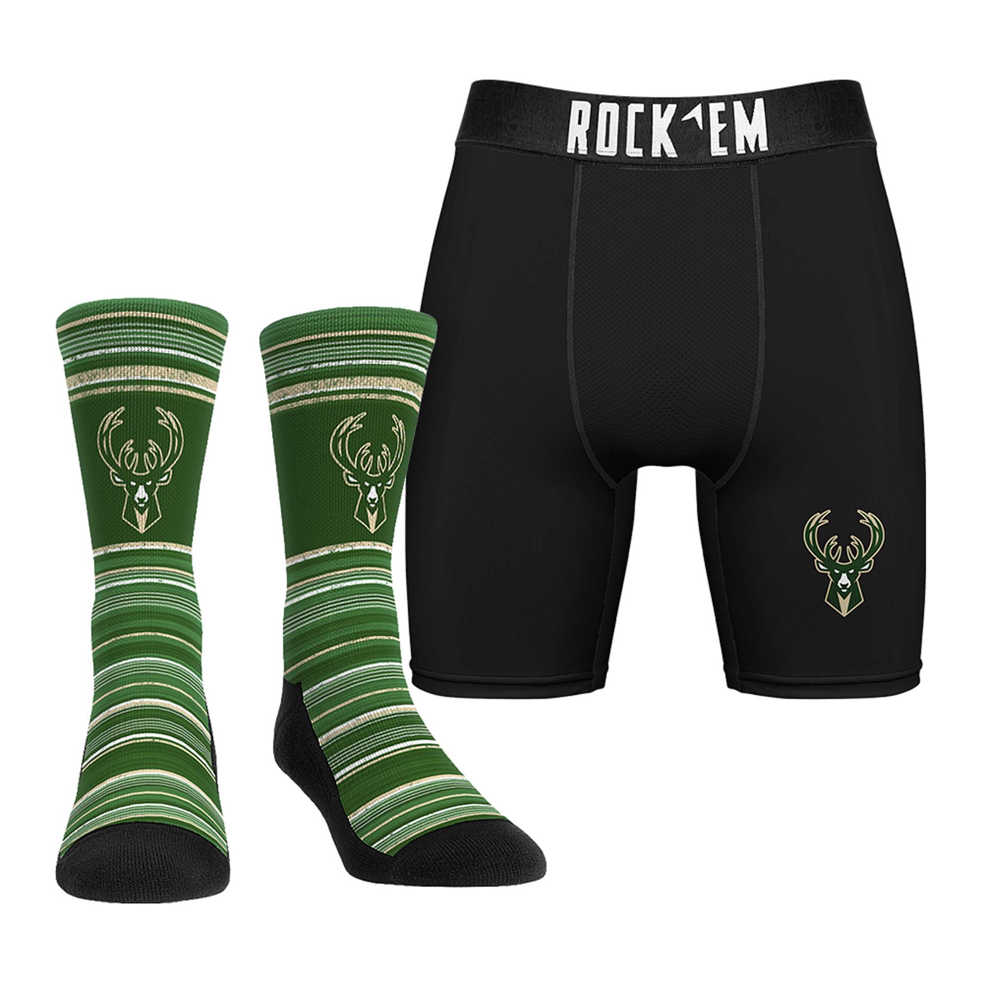 Men's Rock Em Milwaukee Bucks Primary Crew Socks & Boxer Briefs Combo Pack