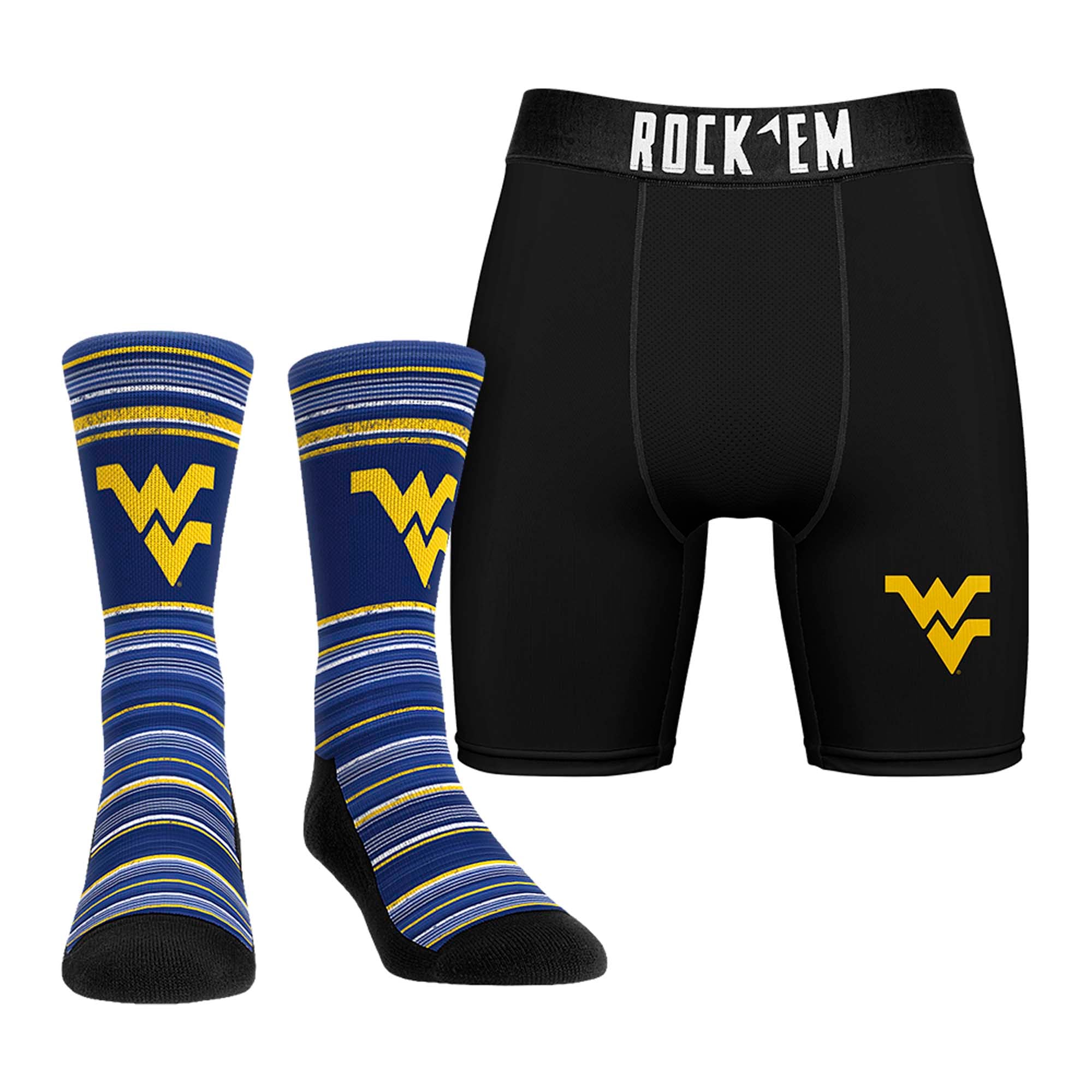 Men's Rock Em  West Virginia Mountaineers Primary Crew Socks & Boxer Briefs Combo Pack