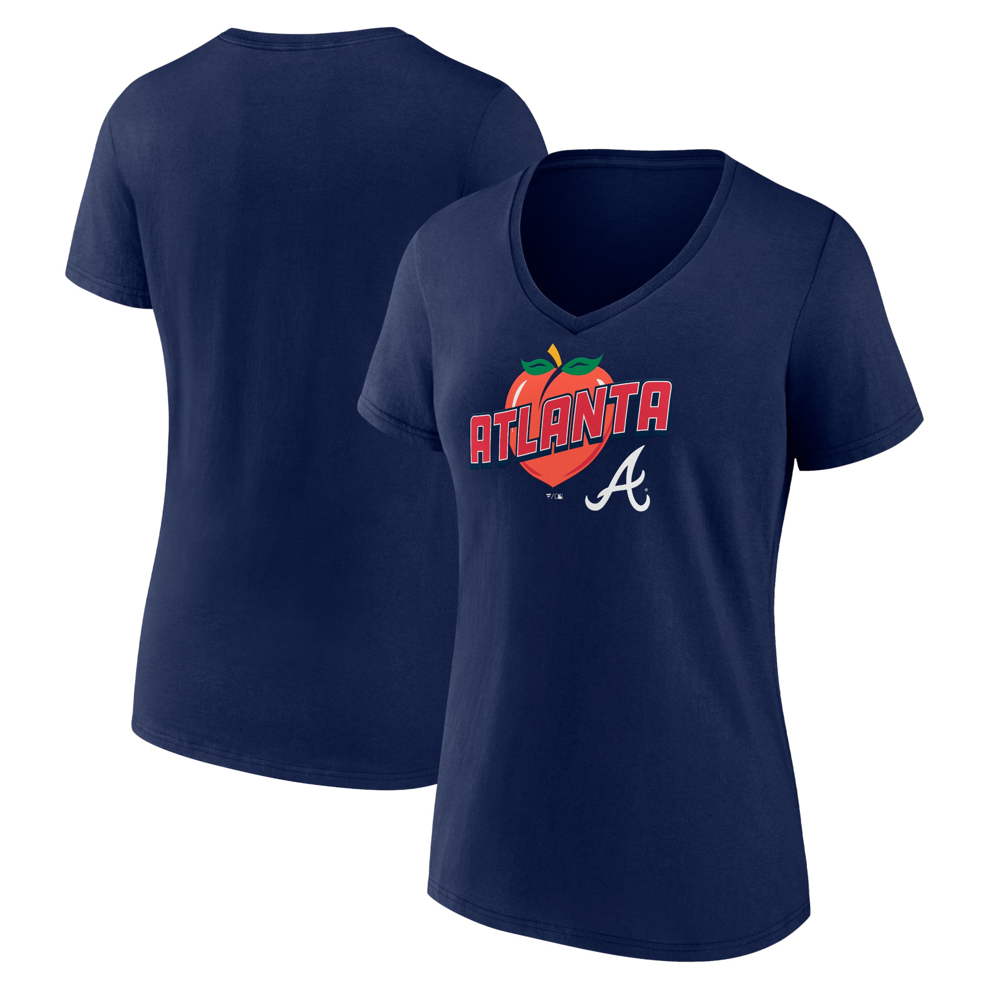 Women's Navy Atlanta Braves Peach V-Neck T-Shirt