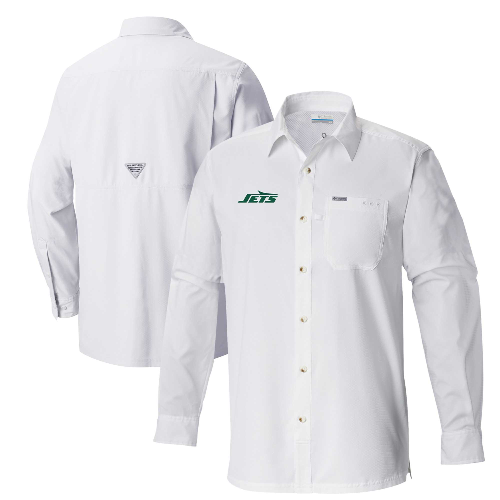 Men's Columbia White New York Jets Slack Tide Omni-Wick Button-Up Long Sleeve Shirt
