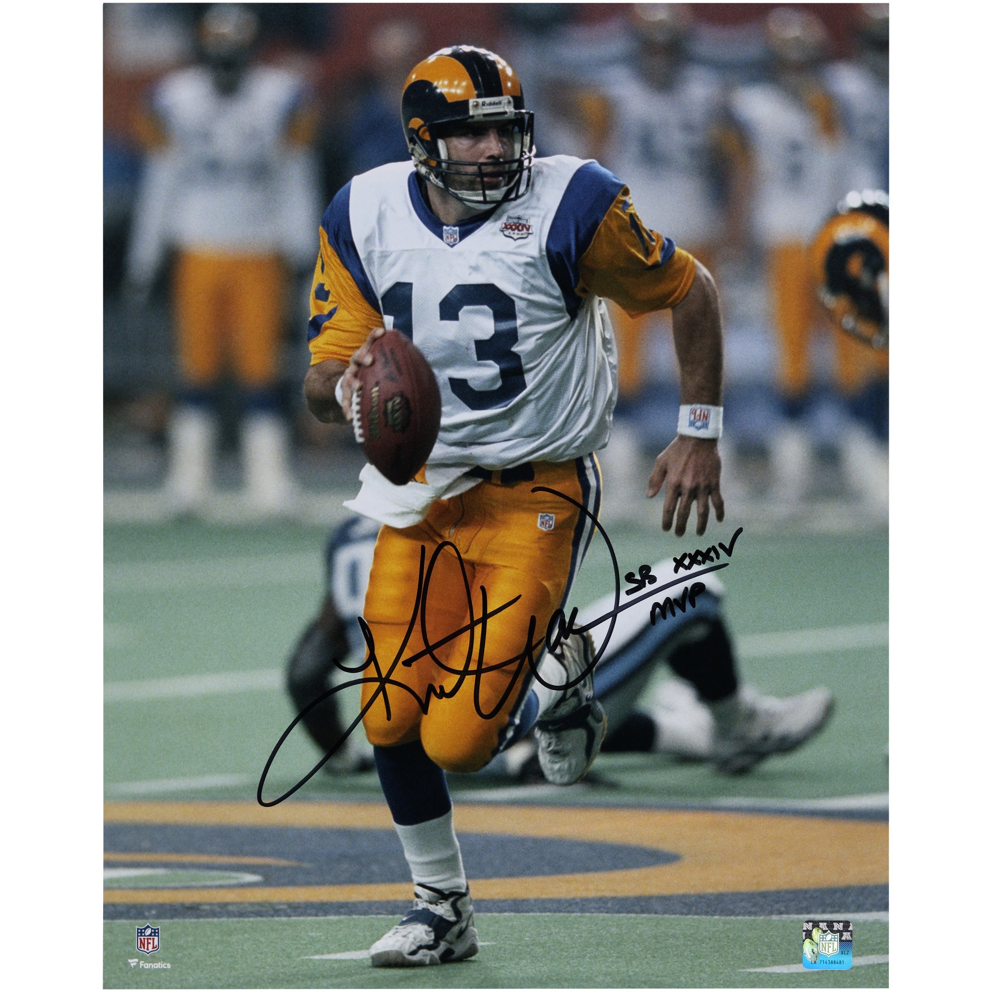 Fotografia del Super Bowl 16" x 20" autografata da Kurt Warner St. Louis Rams con l'iscrizione "SB XXXIV MVP"