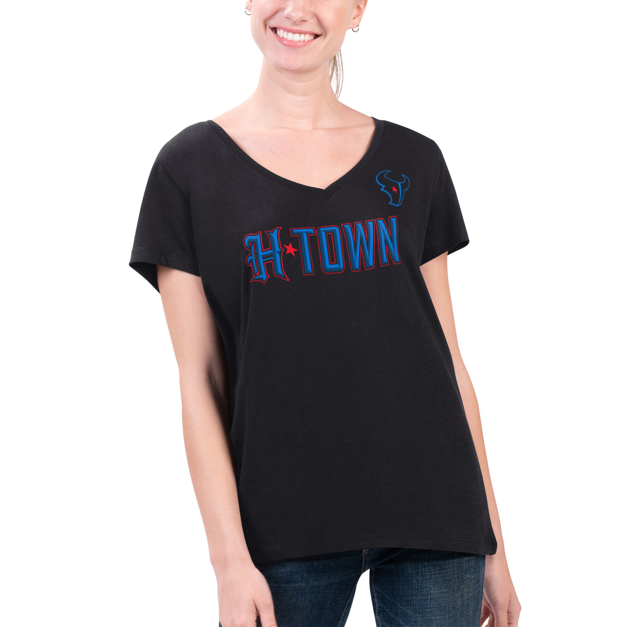 Women's G-III 4Her by Carl Banks Black Houston Texans Super-Slim Fit Lightweight H-Town V-Neck T-Shirt