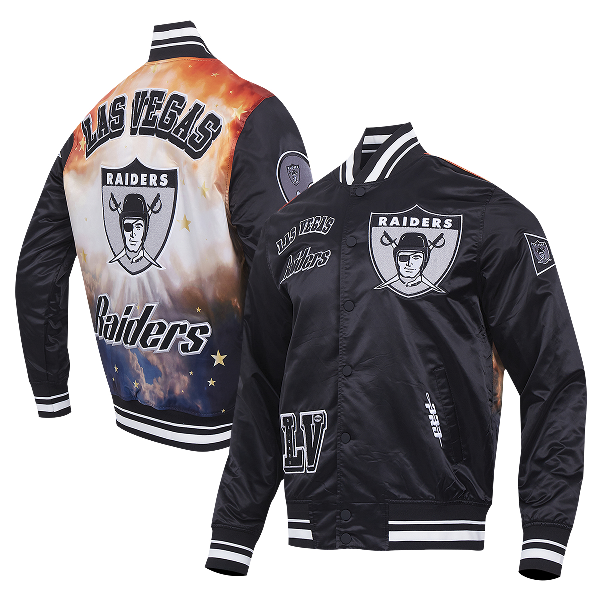 Men’s Pro Standard Black Las Vegas Raiders Sublimated Satin Full-Snap Jacket Men’s Pro Standard Black Las Vegas Raiders Sublimated Satin Full-Snap Jacket