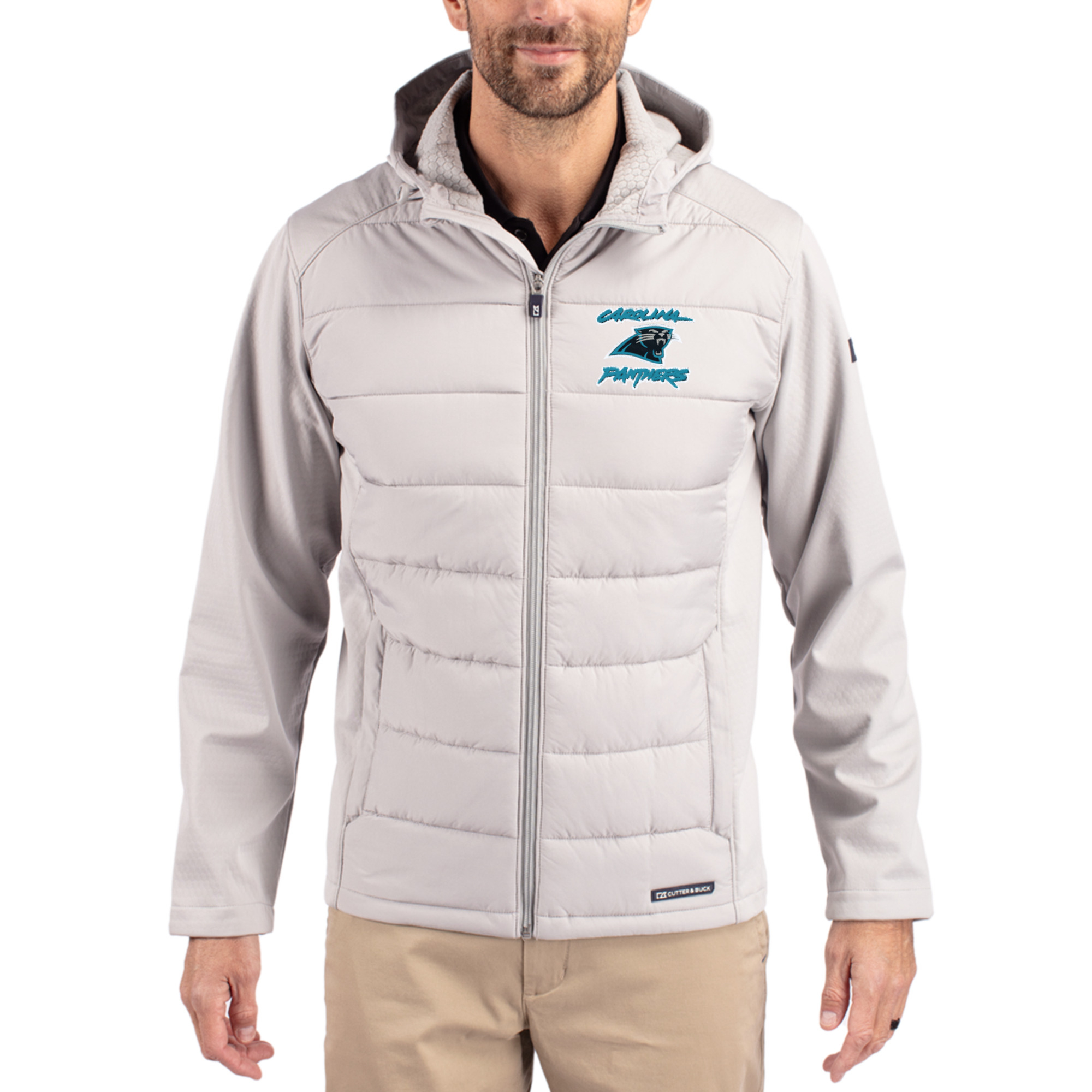 Men's Cutter & Buck Light Gray Carolina Panthers Evoke Hybrid Eco Softshell Recycled Full-Zip Hoodie Jacket