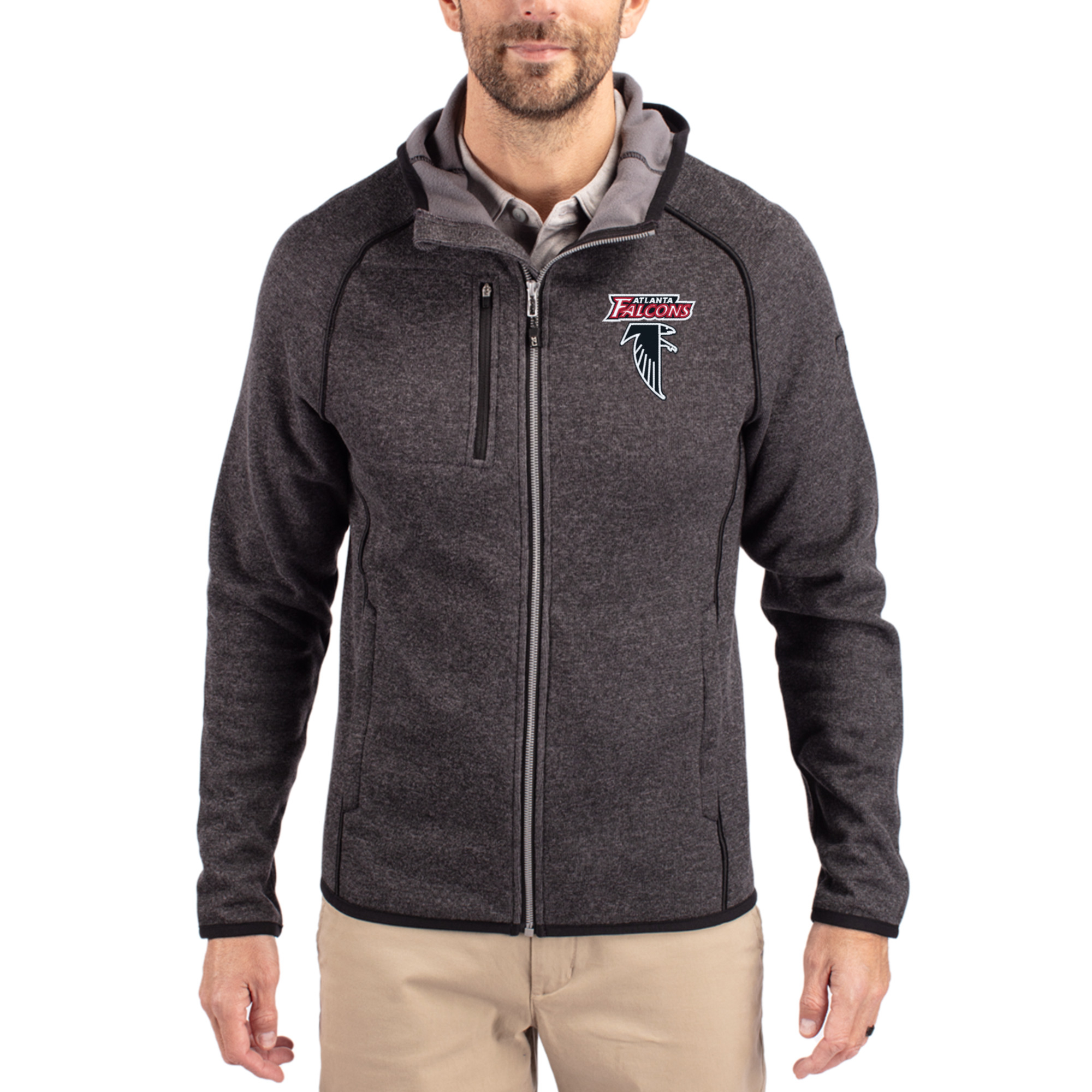 Men's Cutter & Buck Heather Charcoal Atlanta Falcons  Mainsail Hoodie Raglan Full-Zip Jacket