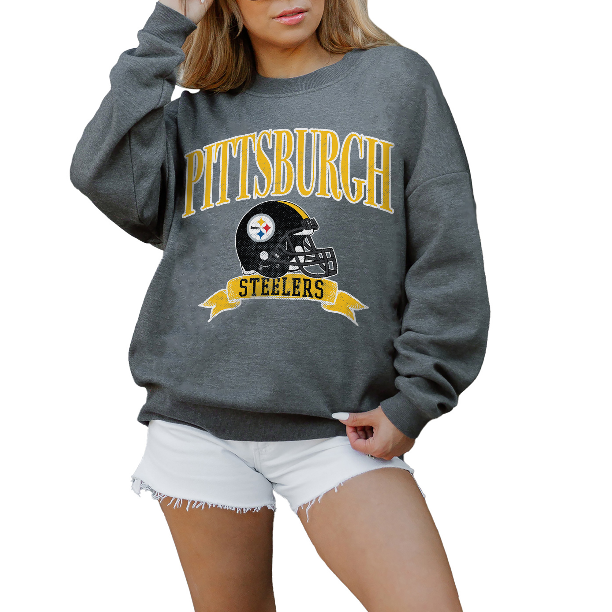 Women's Gameday Couture Charcoal Pittsburgh Steelers Oversized Seal The Deal Premium Fleece Drop Shoulder Pullover Sweatshirt