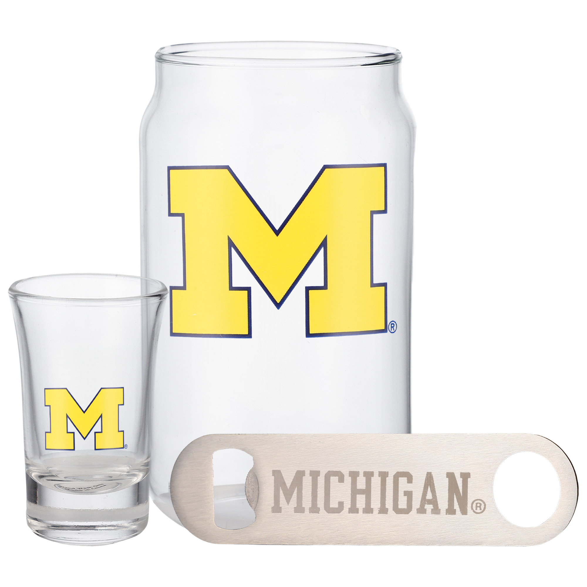 The Memory Company Michigan Wolverines Three-Pack Beer Glass, 2oz. Shot Glass & Bottle Opener Set The Memory Company Michigan Wolverines Three-Pack Beer Glass, 2oz. Shot Glass & Bottle Opener Set