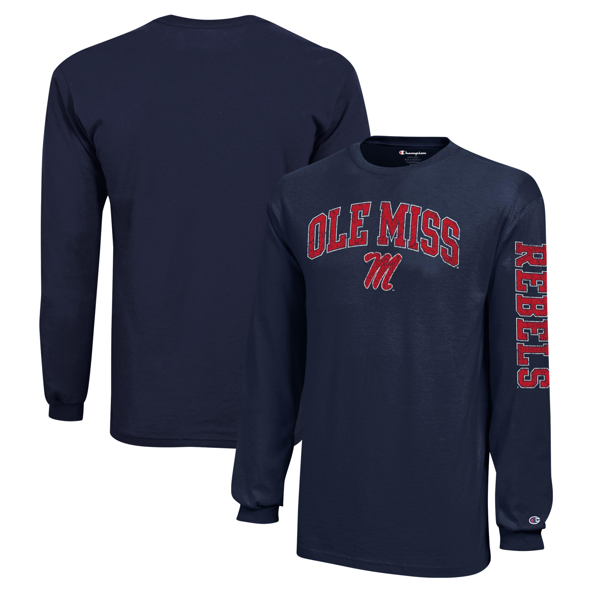 Youth Champion Navy Ole Miss Rebels Distressed Arch Over Logo Long Sleeve T-Shirt Youth Champion Navy Ole Miss Rebels Distressed Arch Over Logo Long Sleeve T-Shirt