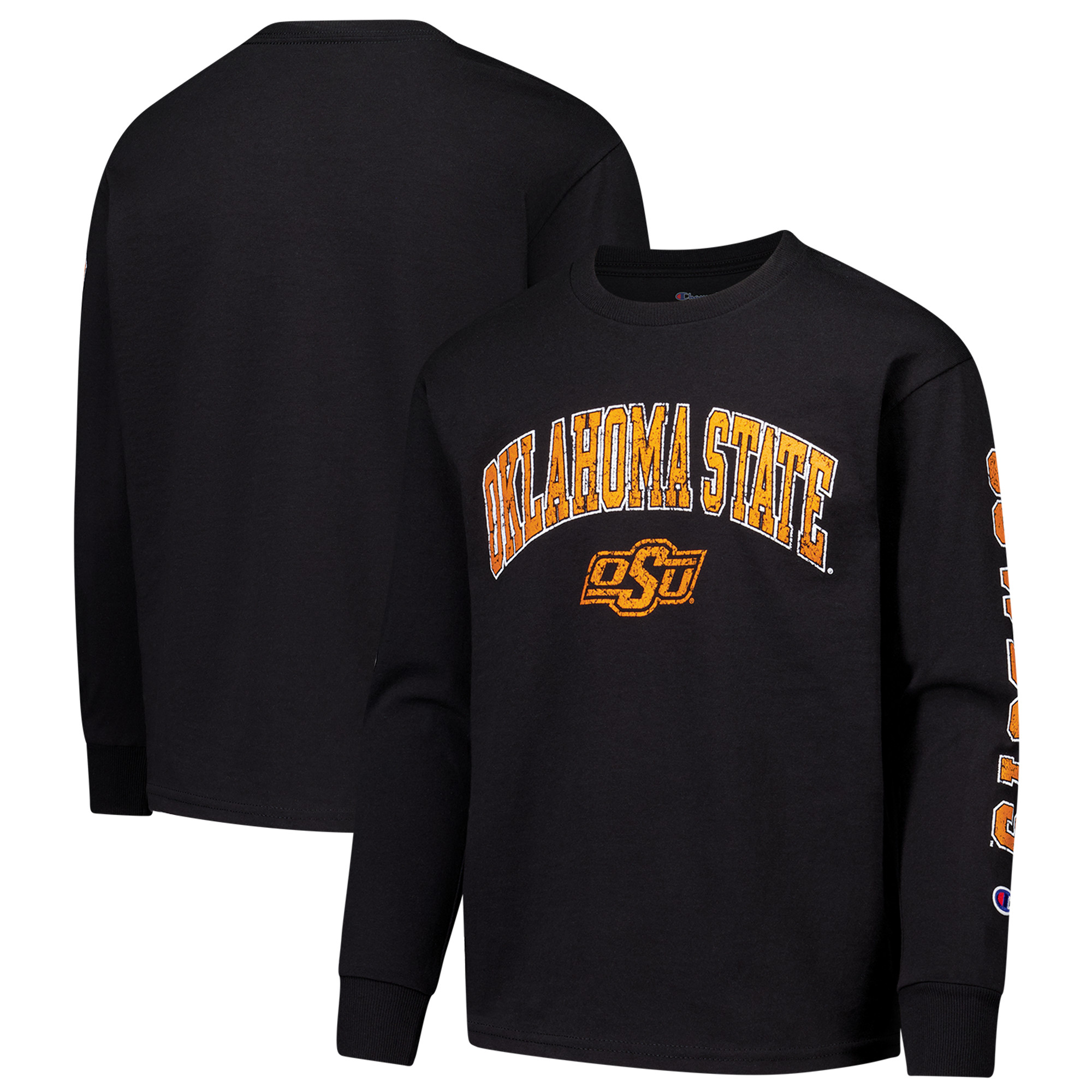 Youth Champion Black Oklahoma State Cowboys Distressed Arch Over Logo Long Sleeve T-Shirt Youth Champion Black Oklahoma State Cowboys Distressed Arch Over Logo Long Sleeve T-Shirt
