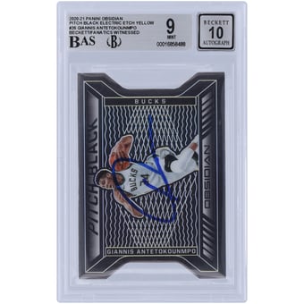 Giannis Antetokounmpo Milwaukee Bucks Autographed 2020-21 Panini Obsidian Pitch Black Yellow Etch #26 #2/10 Beckett Fanatics Witnessed Authenticated 9/10 Card