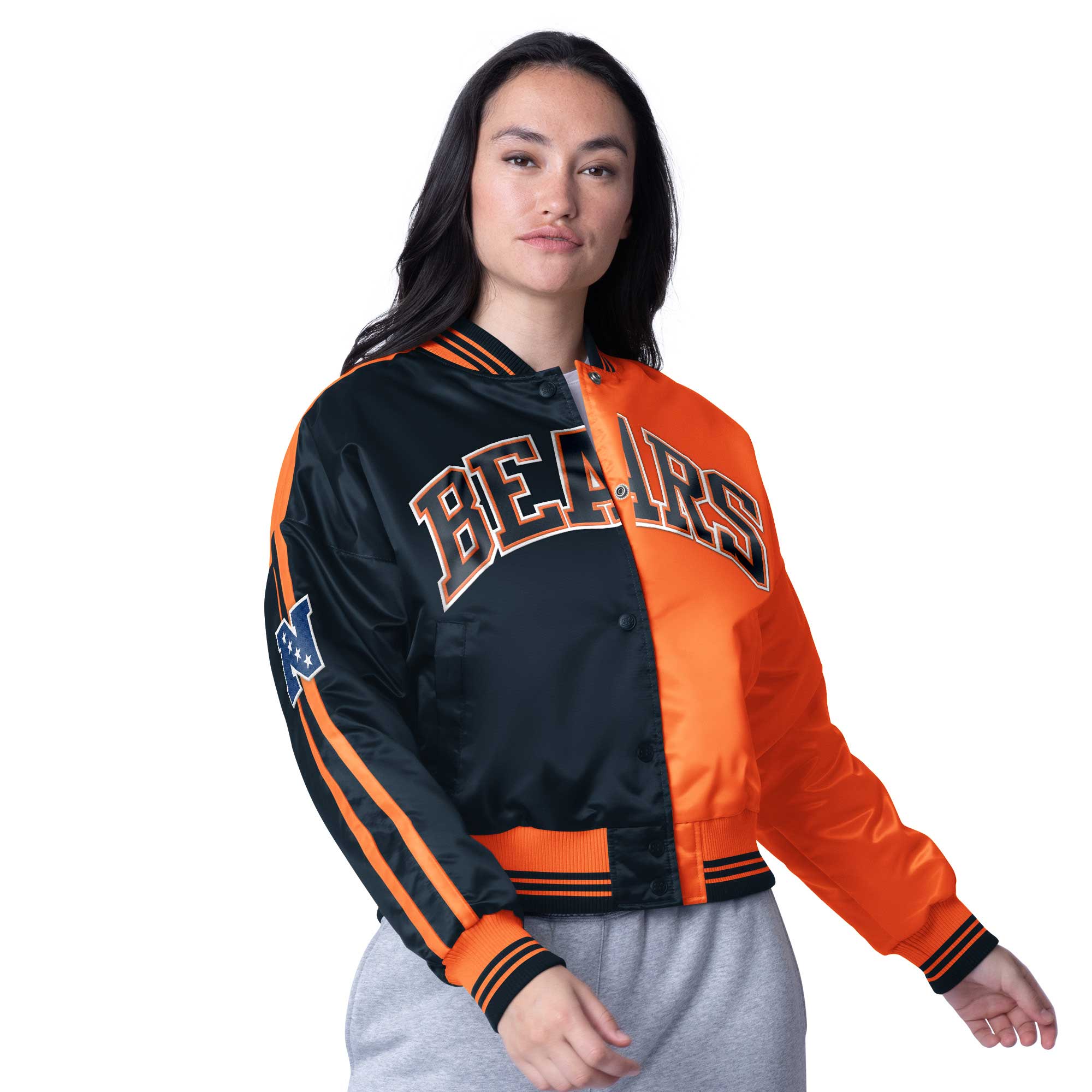 Women's Starter Navy/Orange Chicago Bears Zone Blitz Cropped Full-Snap Satin Jacket