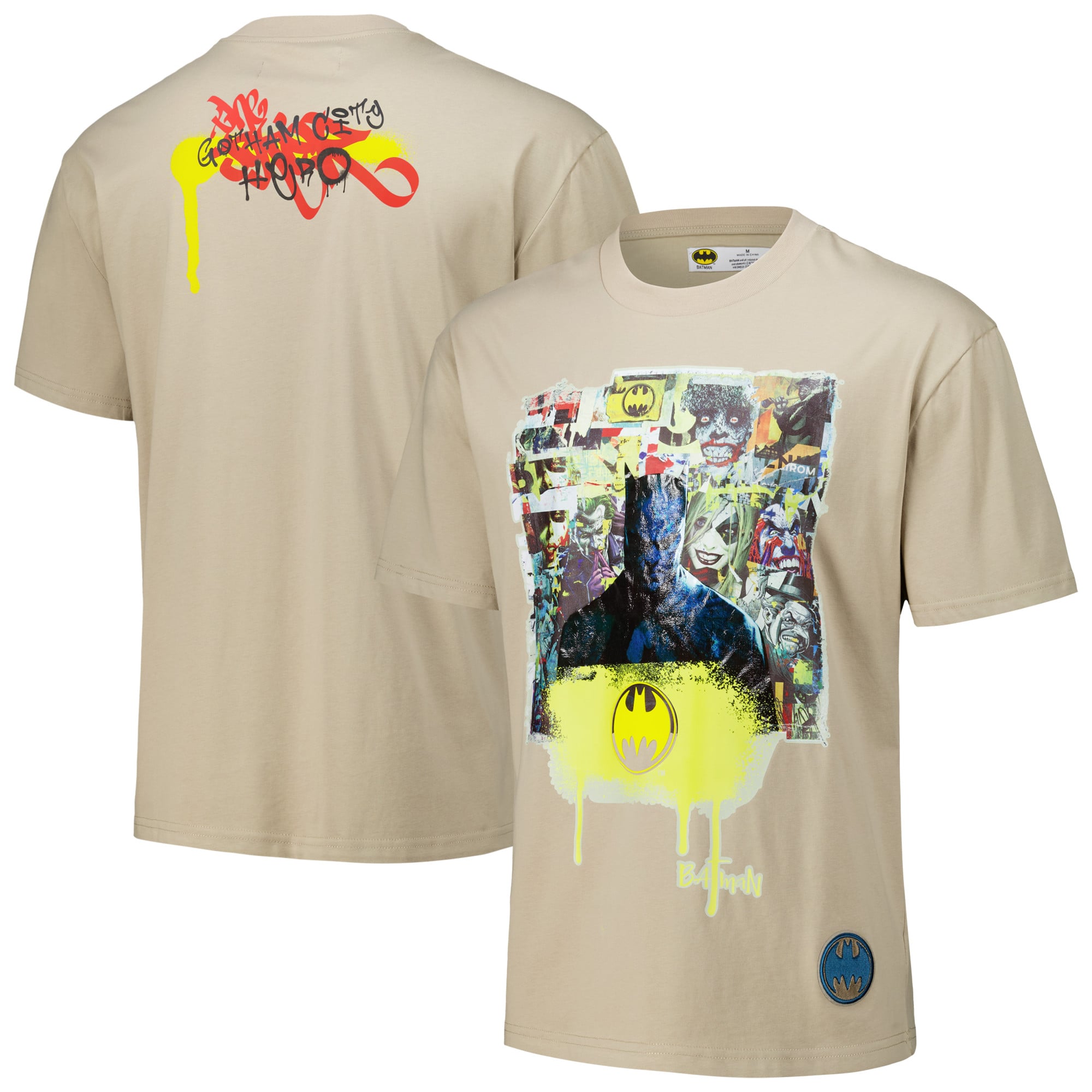 Men's Freeze Max Tan Batman Comics Spray Paint Loose Fit T-Shirt