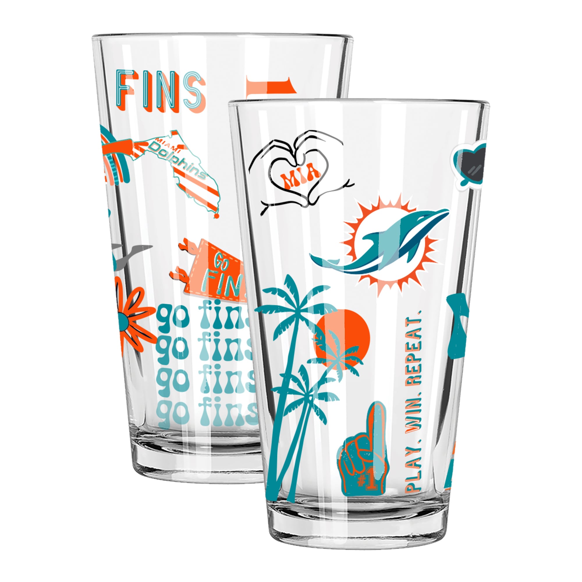 The Memory Company Miami Dolphins 2-Pack 16oz. Pint Glass Loco Design Set