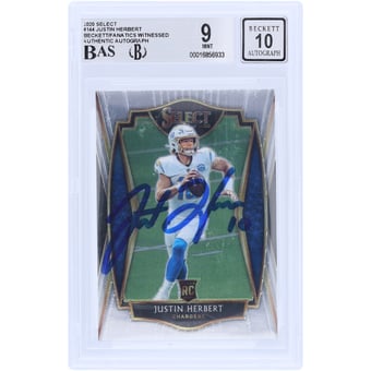 Justin Herbert Los Angeles Chargers Autographed 2020 Panini Select #144 Beckett Fanatics Witnessed Authenticated /10 Rookie Card