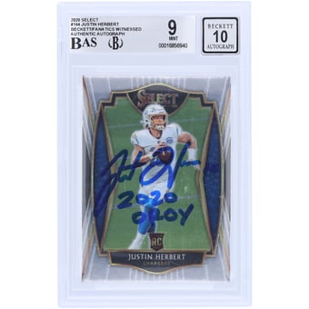 Justin Herbert Los Angeles Chargers Autographed 2020 Panini Select #144 Beckett Fanatics Witnessed Authenticated Rookie Card with "2020 OROY" Inscription
