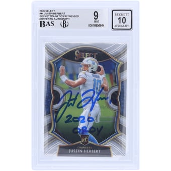 Justin Herbert Los Angeles Chargers Autographed 2020 Panini Select #44 Beckett Fanatics Witnessed Authenticated 9/10 Rookie Card with "2020 OROY" Inscription