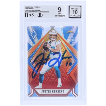 Justin Herbert Los Angeles Chargers Autographed 2020 Panini Phoenix Fire Burst #103 Beckett Fanatics Witnessed Authenticated 9/10 Rookie Card
