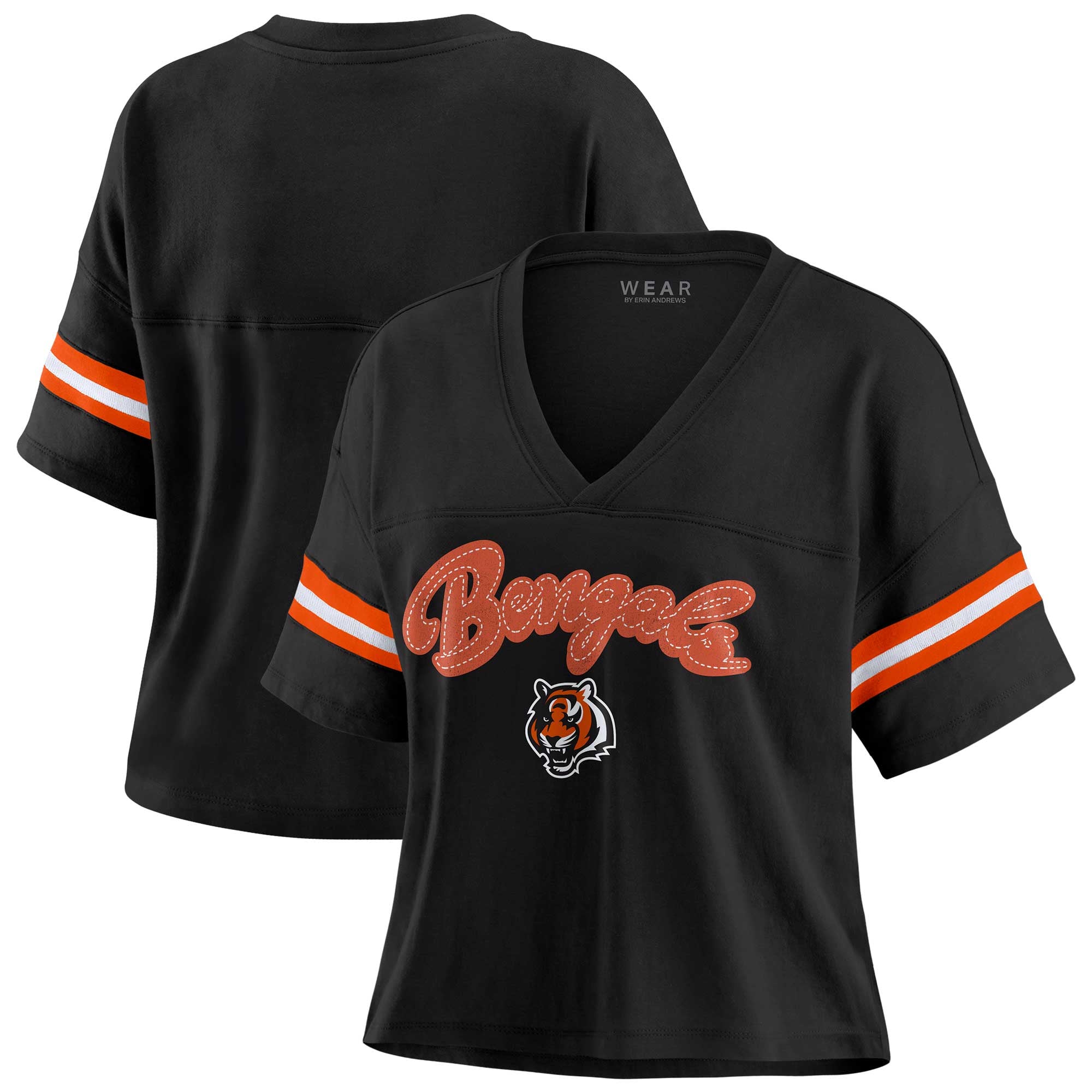 Women's WEAR by Erin Andrews Black Cincinnati Bengals Plus Size Color Block Boxy V-Neck T-Shirt