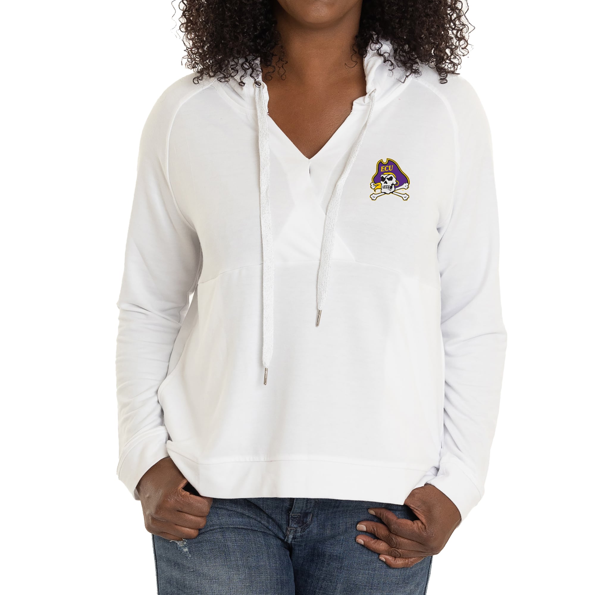 Women's White ECU Pirates Christine Cross Front Tri-Blend Pullover Hoodie