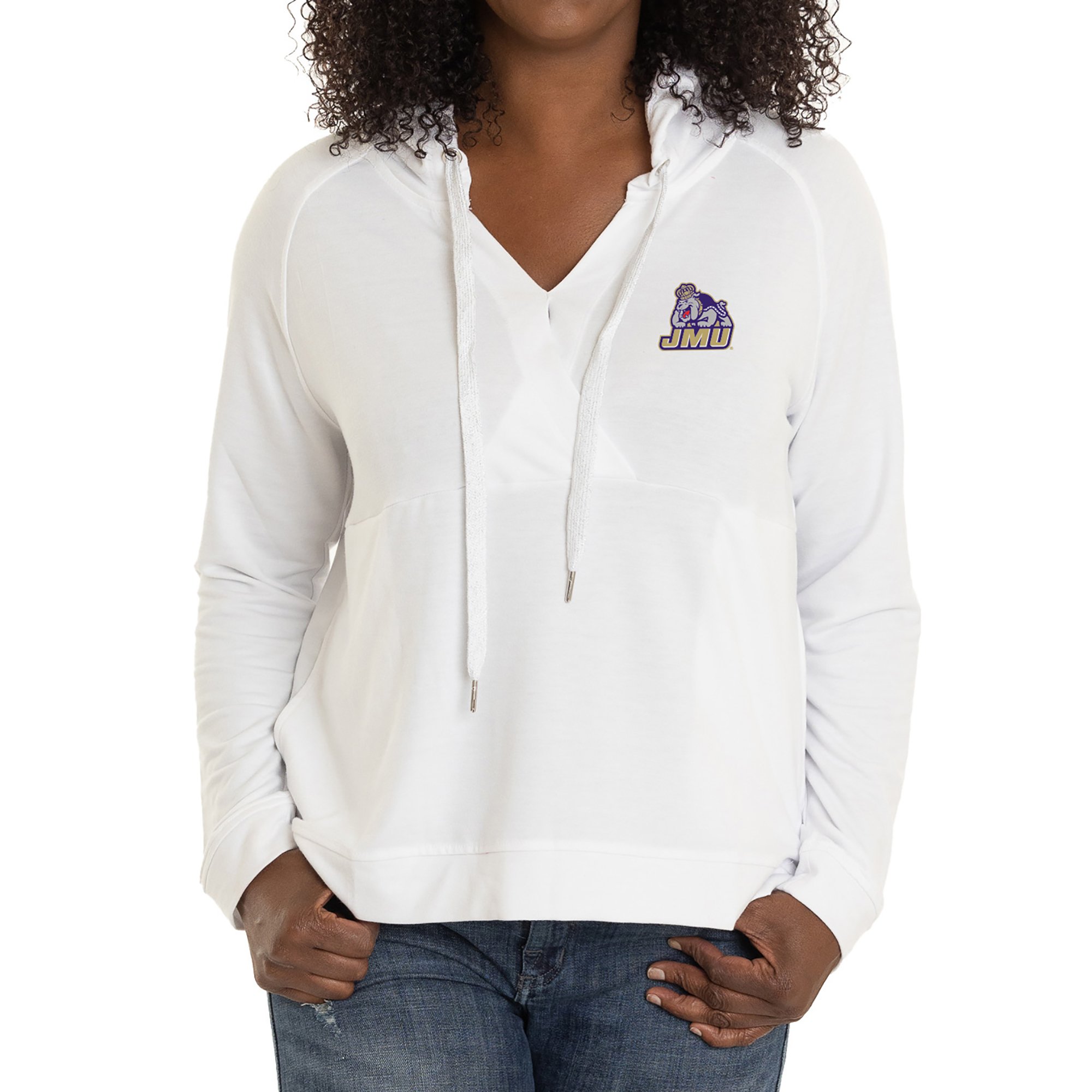 Women's White James Madison Dukes Christine Cross Front Tri-Blend Pullover Hoodie