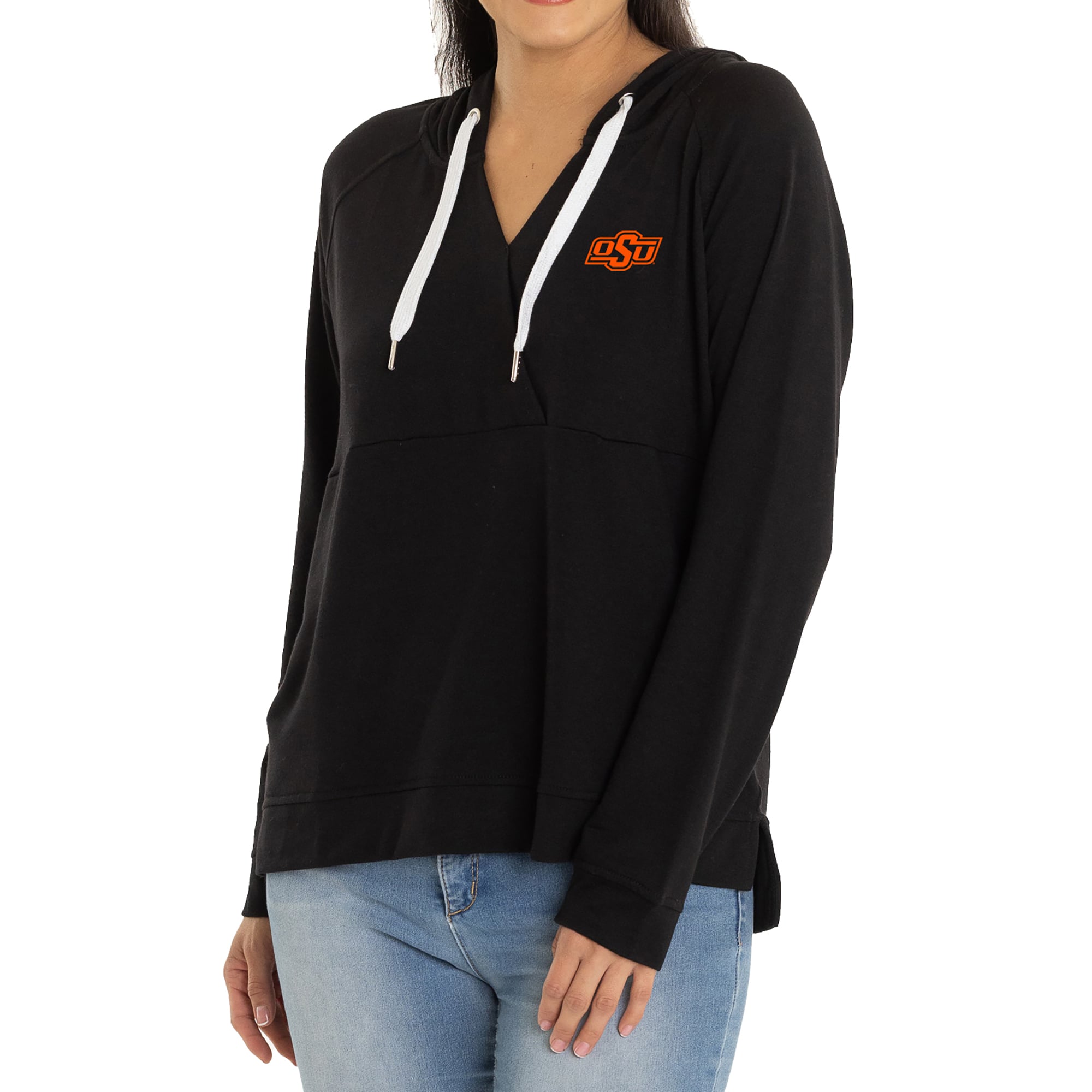 Women's Black Oklahoma State Cowboys Christine Cross Front Tri-Blend Pullover Hoodie