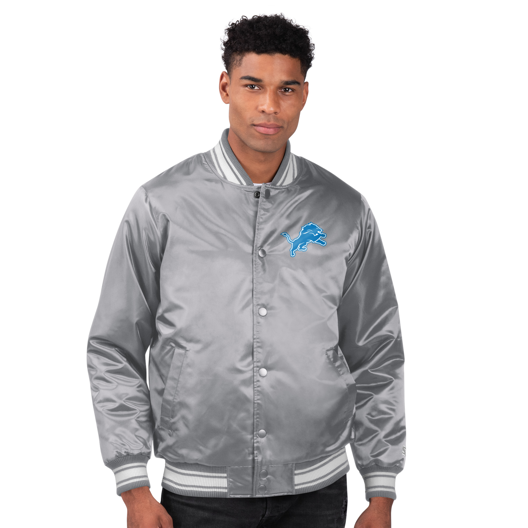 Men's Starter Gray Detroit Lions Printed Team Logo Satin Varsity Full-Snap Jacket