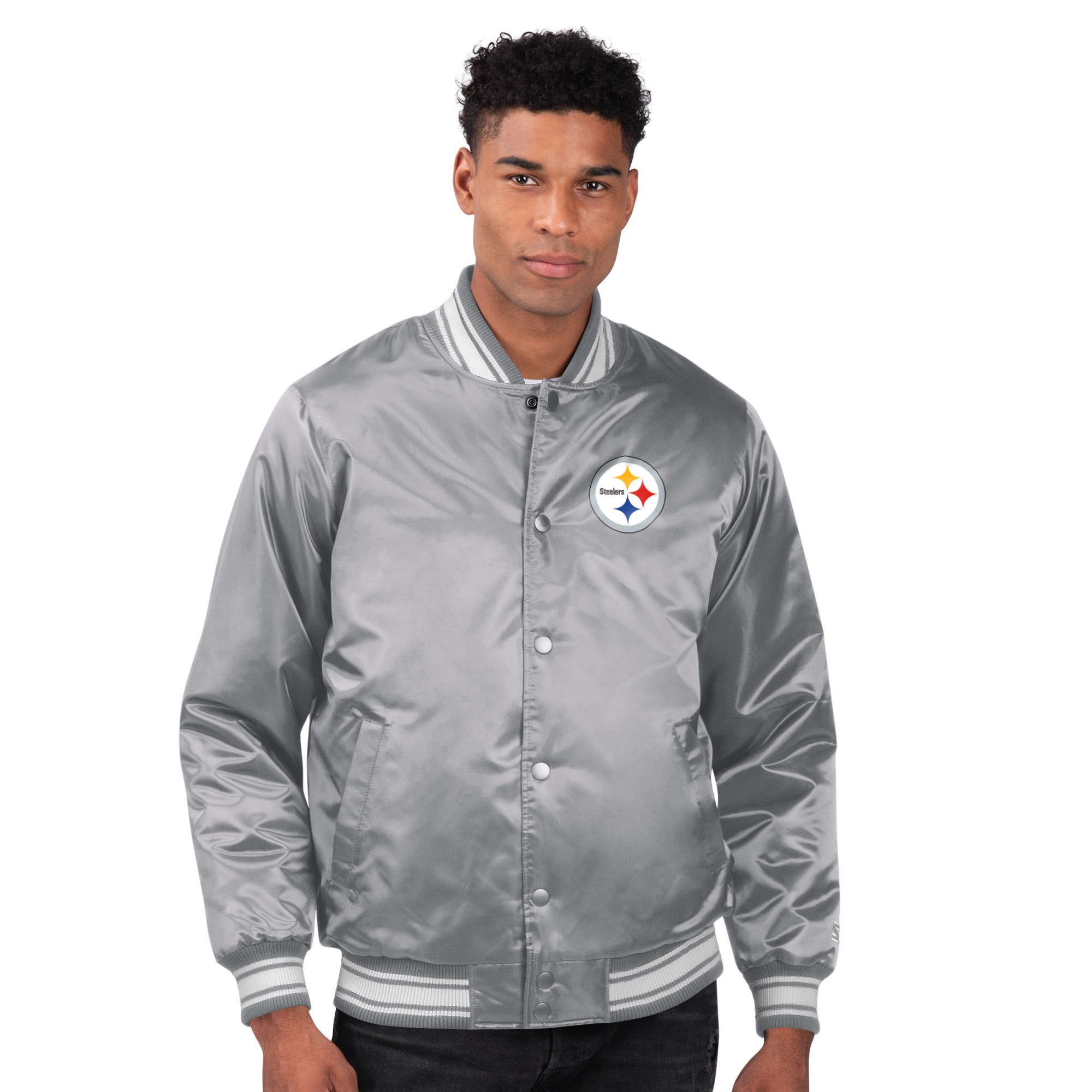 Men's Starter Gray Pittsburgh Steelers Printed Team Logo Satin Varsity Full-Snap Jacket