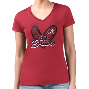 Women's G-III 4Her by Carl Banks Red Atlanta Braves Super-Slim Fit Lightweight Leopard Heart V-Neck T-Shirt