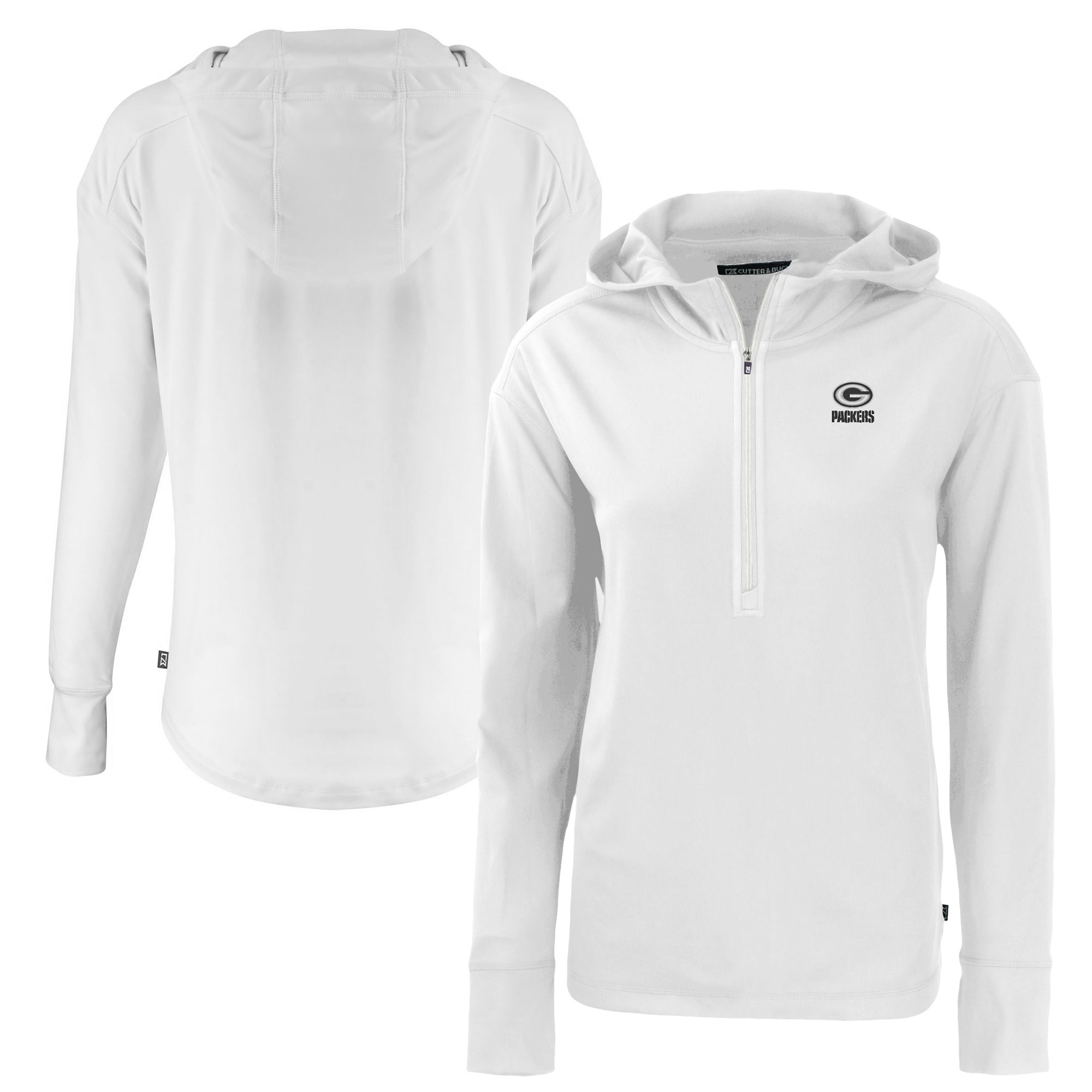Women's Cutter & Buck White Green Bay Packers Daybreak Eco Recycled Half-Zip Hoodie
