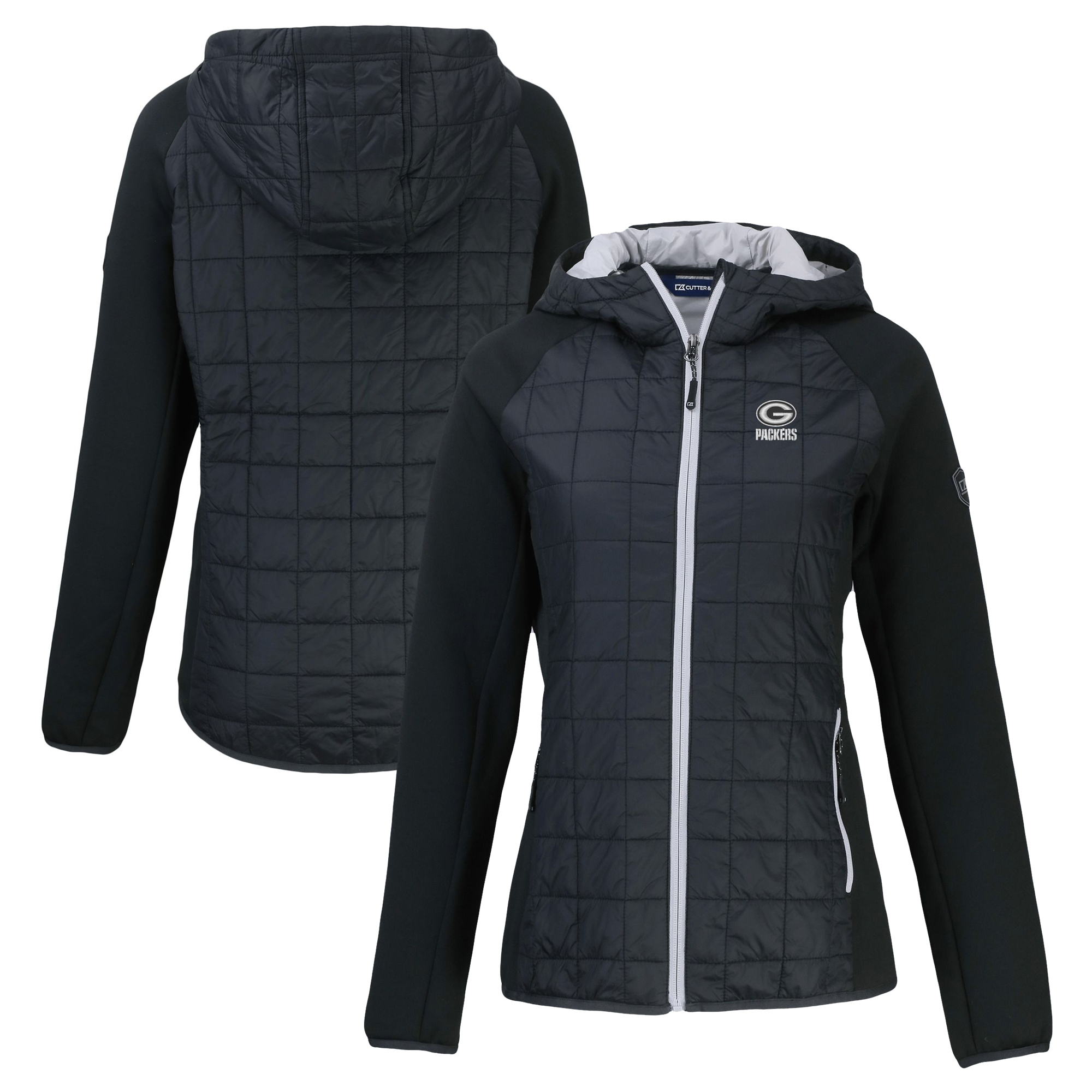 Women's Cutter & Buck Black Green Bay Packers Rainier PrimaLoft Eco Hybrid Full-Zip Hoodie Jacket