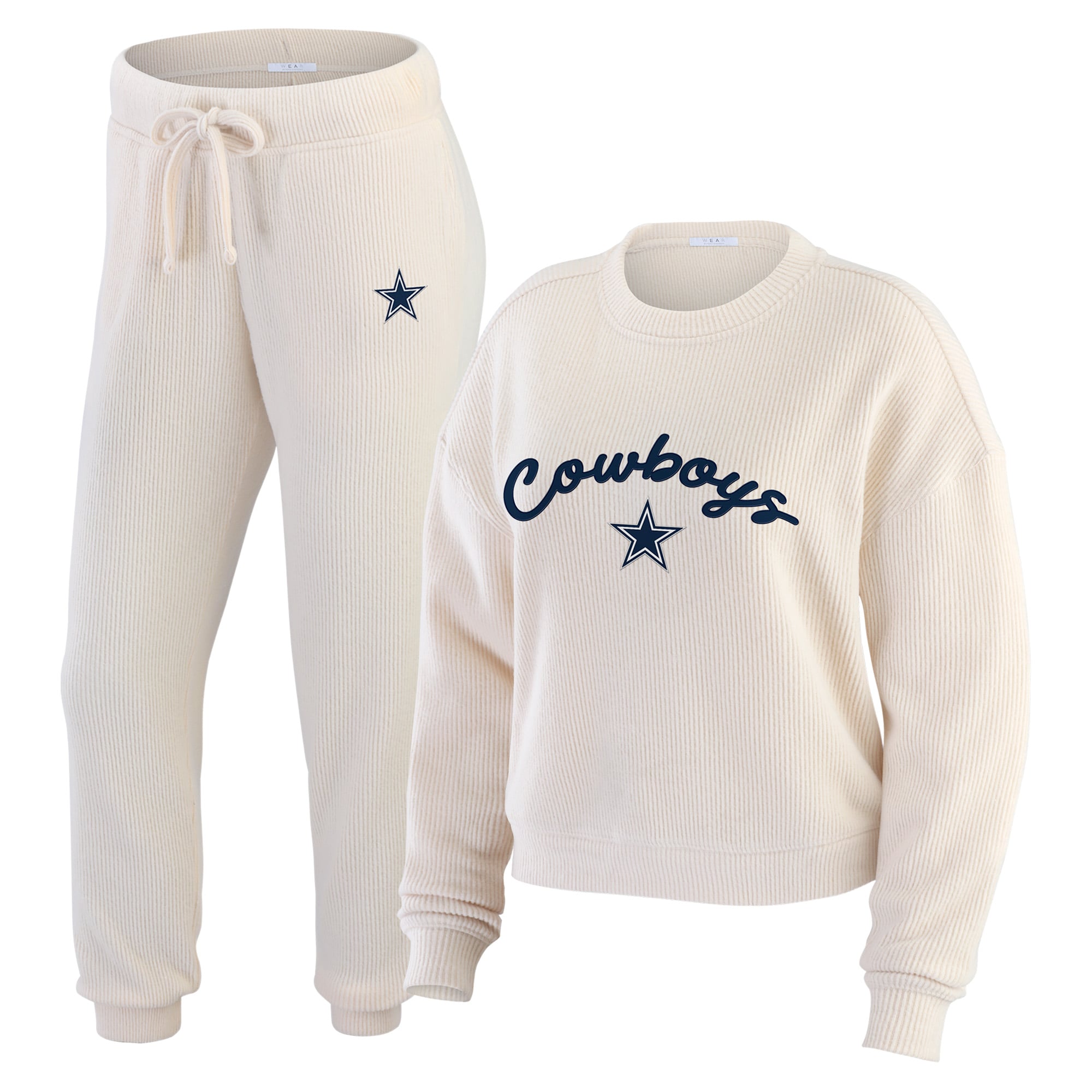Women's WEAR by Erin Andrews Oatmeal Dallas Cowboys Rib-Knit Long Sleeve T-Shirt & Pants Lounge Set: retailer-supplied image