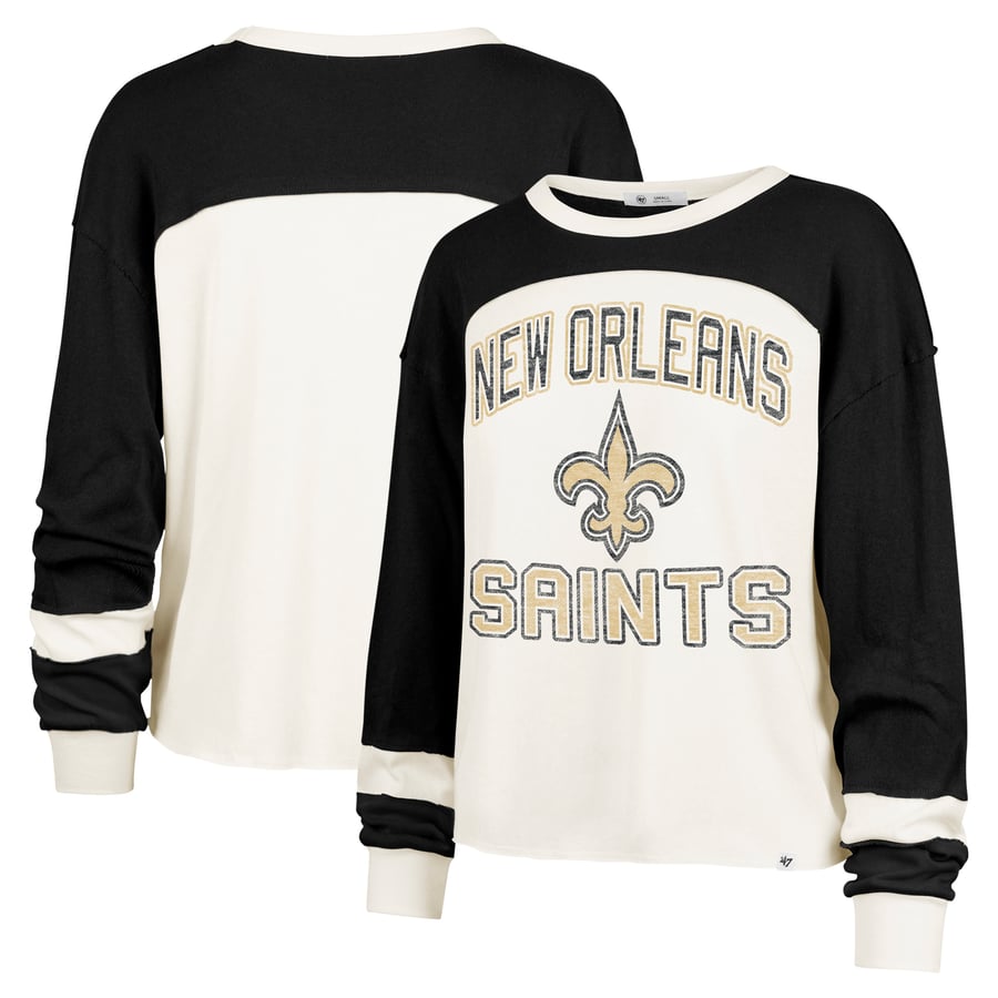 Women's '47 Cream New Orleans Saints Double Header Curve Raglan Long Sleeve Crop Top