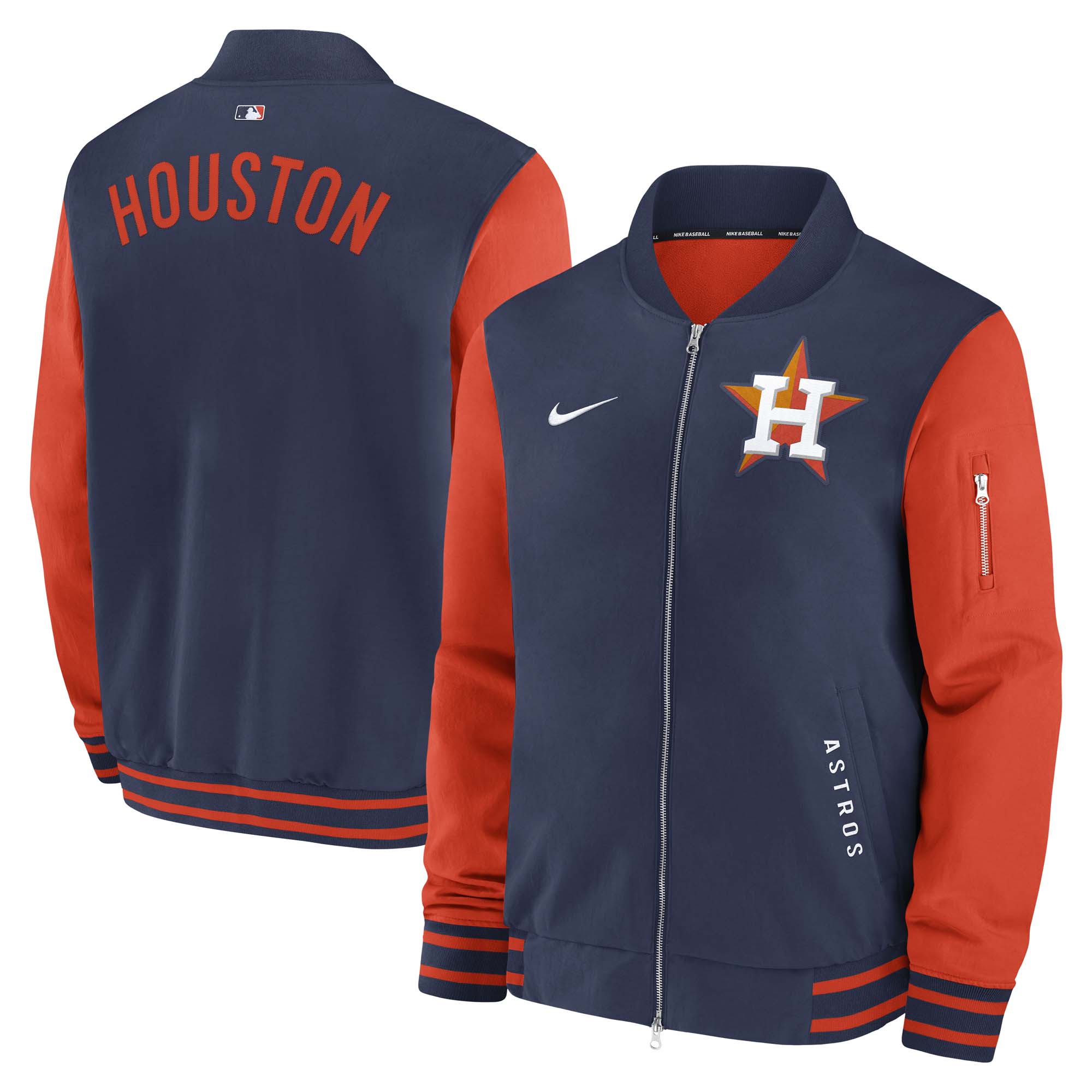 Men’s Nike Navy/Orange Houston Astros Authentic Collection Dugout Relaxed Full-Zip Bomber Jacket Men’s Nike Navy/Orange Houston Astros Authentic Collection Dugout Relaxed Full-Zip Bomber Jacket
