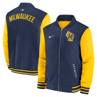 Men's Nike Navy/Gold Milwaukee Brewers Authentic Collection Dugout Relaxed Full-Zip Bomber Jacket