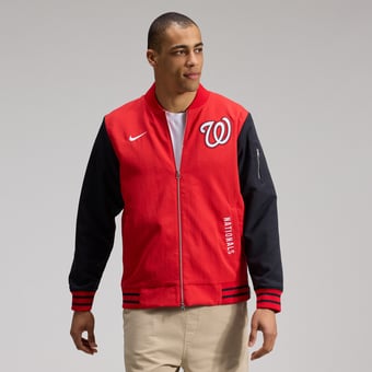 Men's Nike Red/Navy Washington Nationals Authentic Collection Dugout Relaxed Full-Zip Bomber Jacket