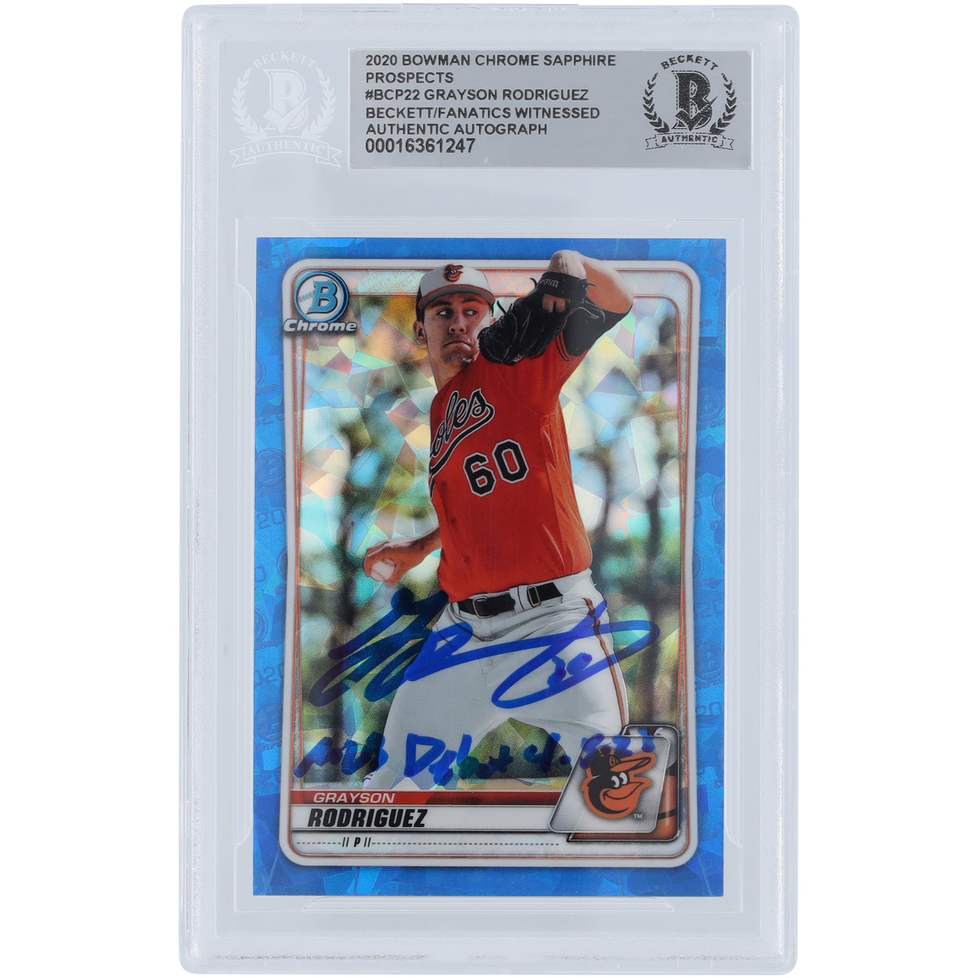 Grayson Rodriguez Baltimore Orioles Autographed 2020 Bowman Chrome Prospects Sapphire #BCP-22 Beckett Fanatics Witnessed Authenticated Card with MLB Debut 4-5-2. rookie card picture