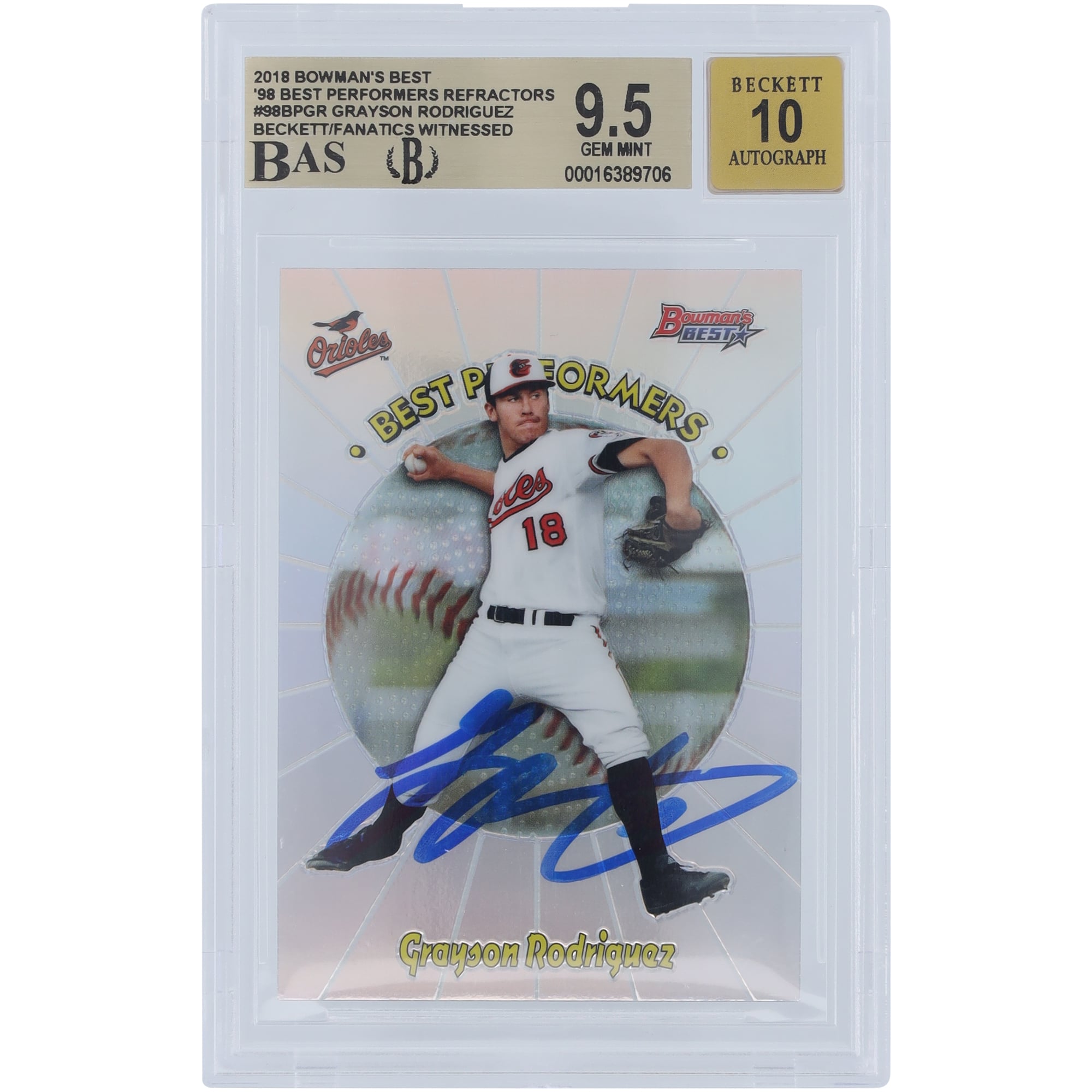 Grayson Rodriguez Baltimore Orioles Autographed 2018 Bowman's Best 98 Best Performers Refractors #98BP-GR Beckett Fanatics Witnessed Authenticated 9.5/10 Card. rookie card picture