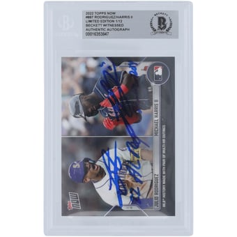 Julio Rodríguez Seattle Mariners and Michael Harris II Atlanta Braves Autographed 2022 Topps Now #887 #1/12 Beckett Fanatics Witnessed Authenticated Rookie Card with "22 AL ROY" and "22 NL ROY" Inscriptions