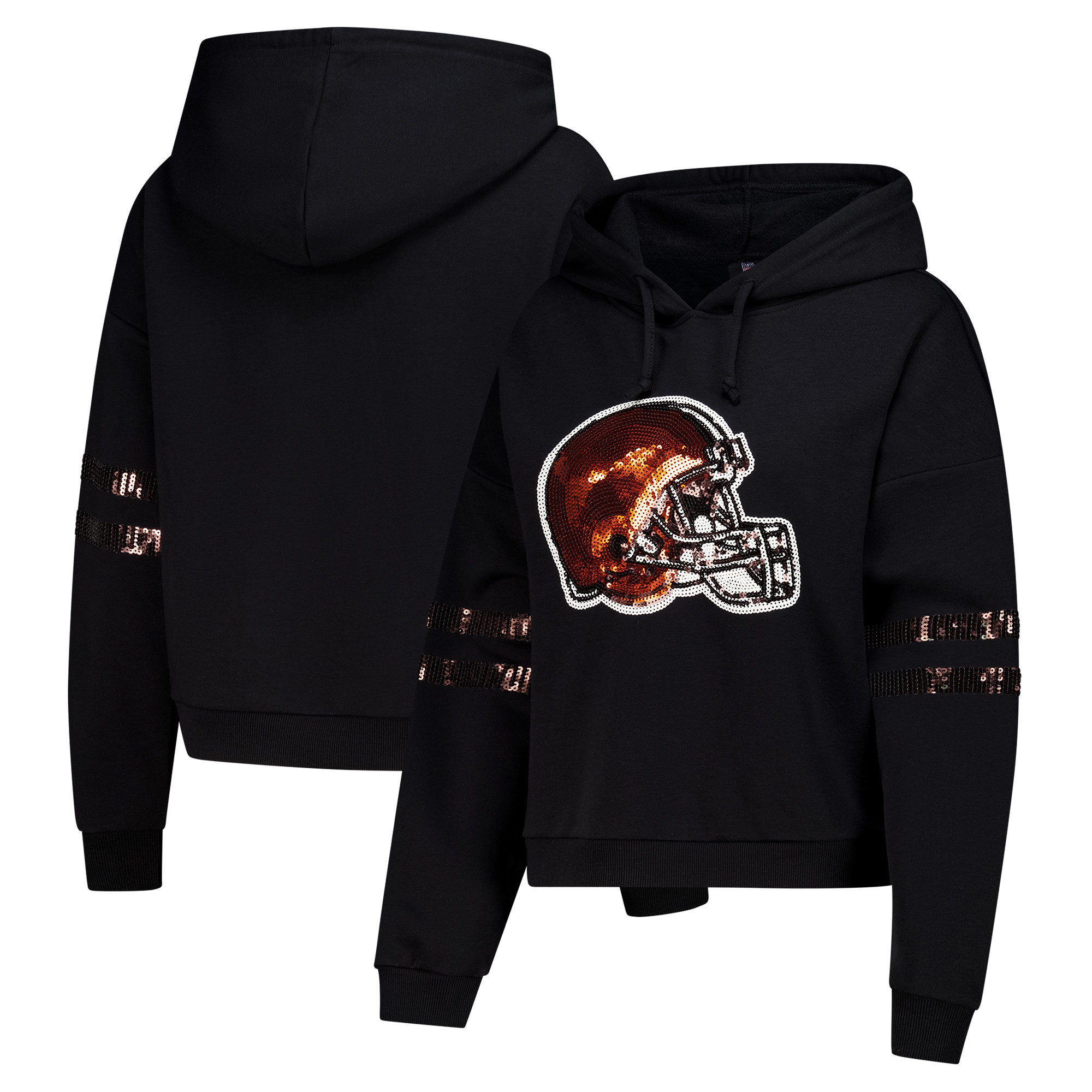 Women's FABGATING by Cuce Black Cleveland Browns Cropped Sequins Hoodie