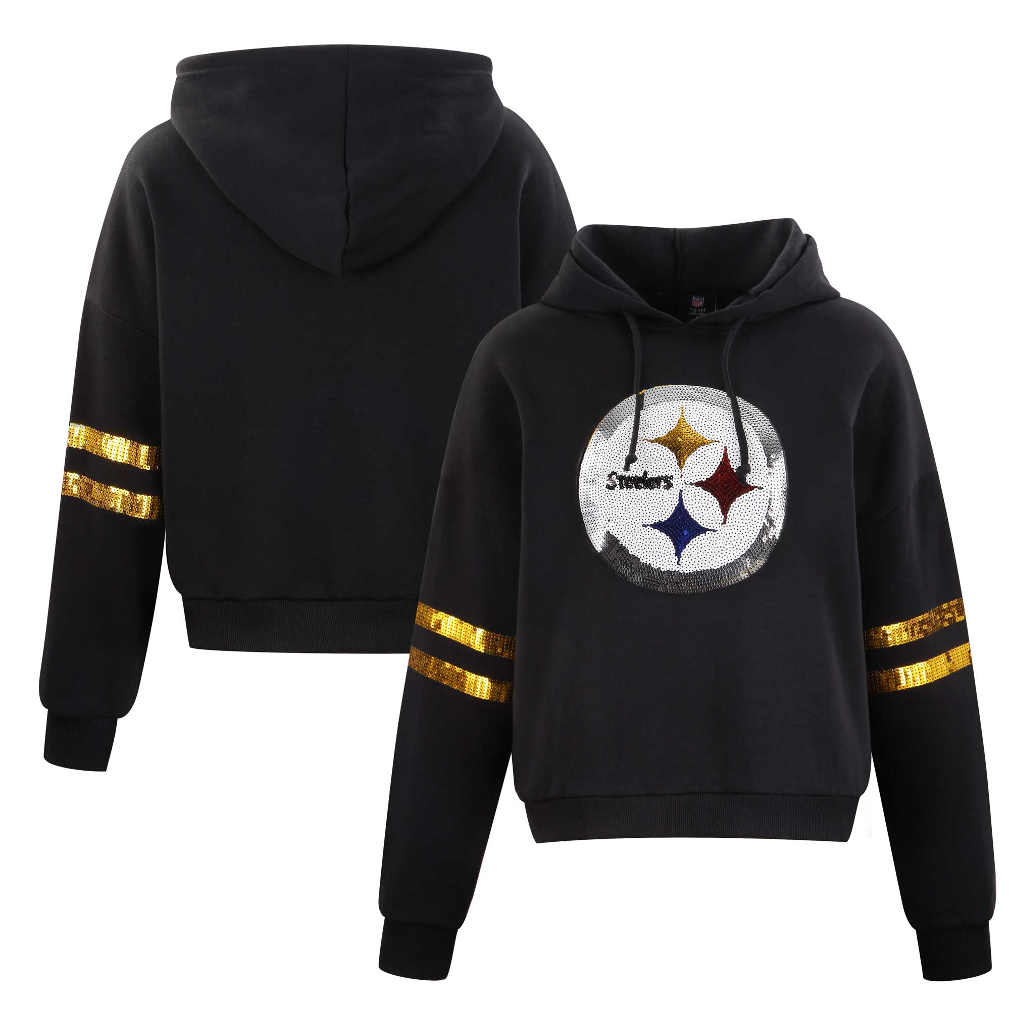 Women's FABGATING by Cuce Black Pittsburgh Steelers Cropped Sequins Hoodie