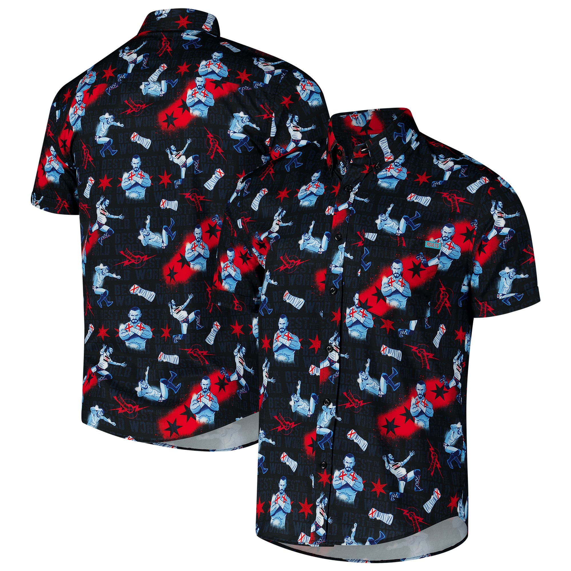 Men's RSVLTS Black CM Punk Best In The World KUNUFLEX Button-Down Short Sleeve Shirt