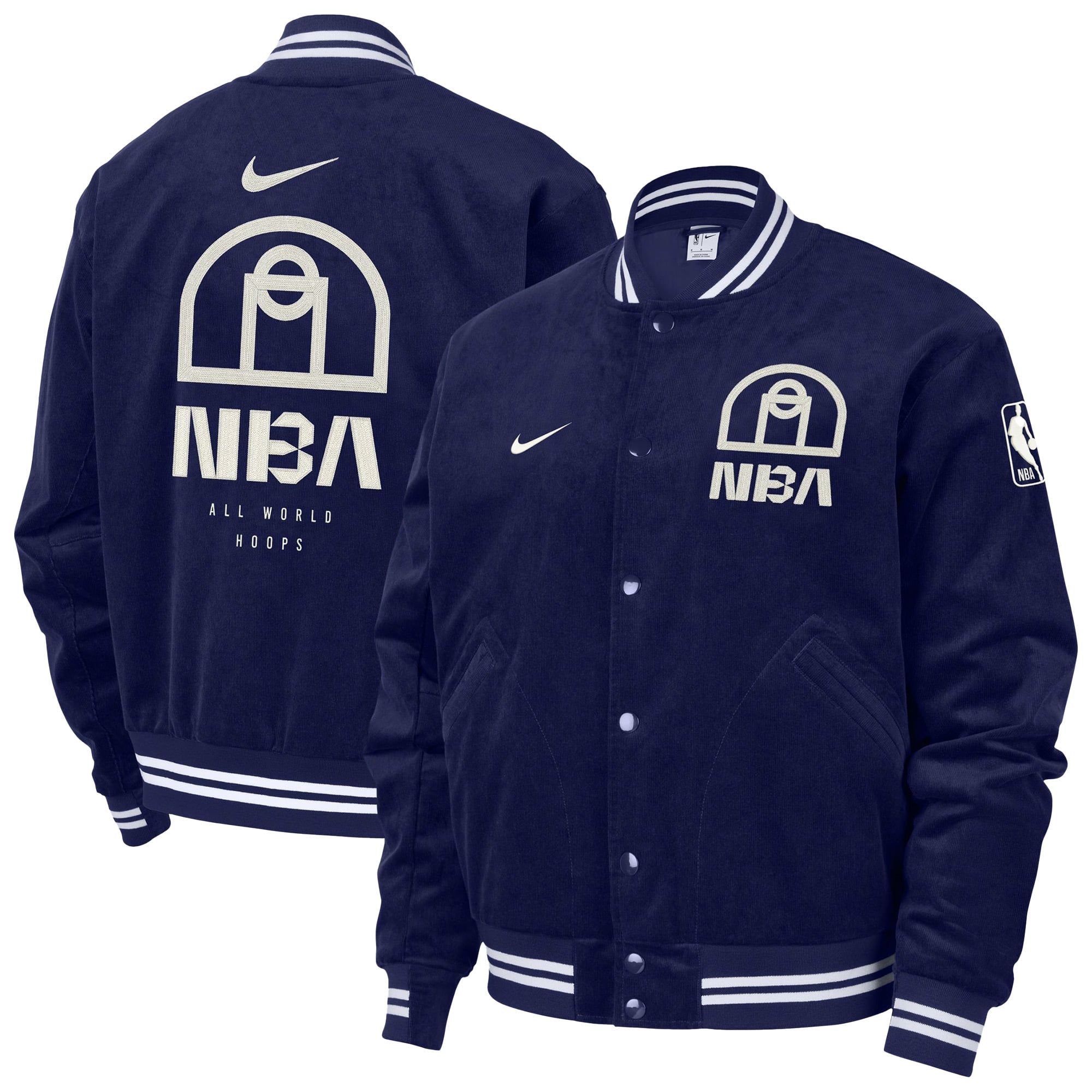 Men's Nike Blue NBA All World Hoops Team 31 Trend Corduroy Full-Snap Bomber Jacket