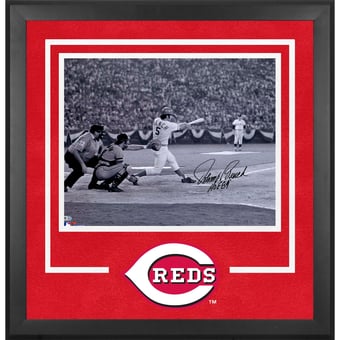 Johnny Bench Cincinnati Reds Autographed Deluxe Framed 16" x 20" Black & White Hitting Photograph with "HOF 89" Inscription
