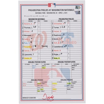 Washington Nationals Game-Used Lineup Card vs. Philadelphia Phillies on April 5, 2024