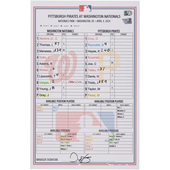 Washington Nationals Game-Used Lineup Card vs. Pittsburgh Pirates on April 4, 2024