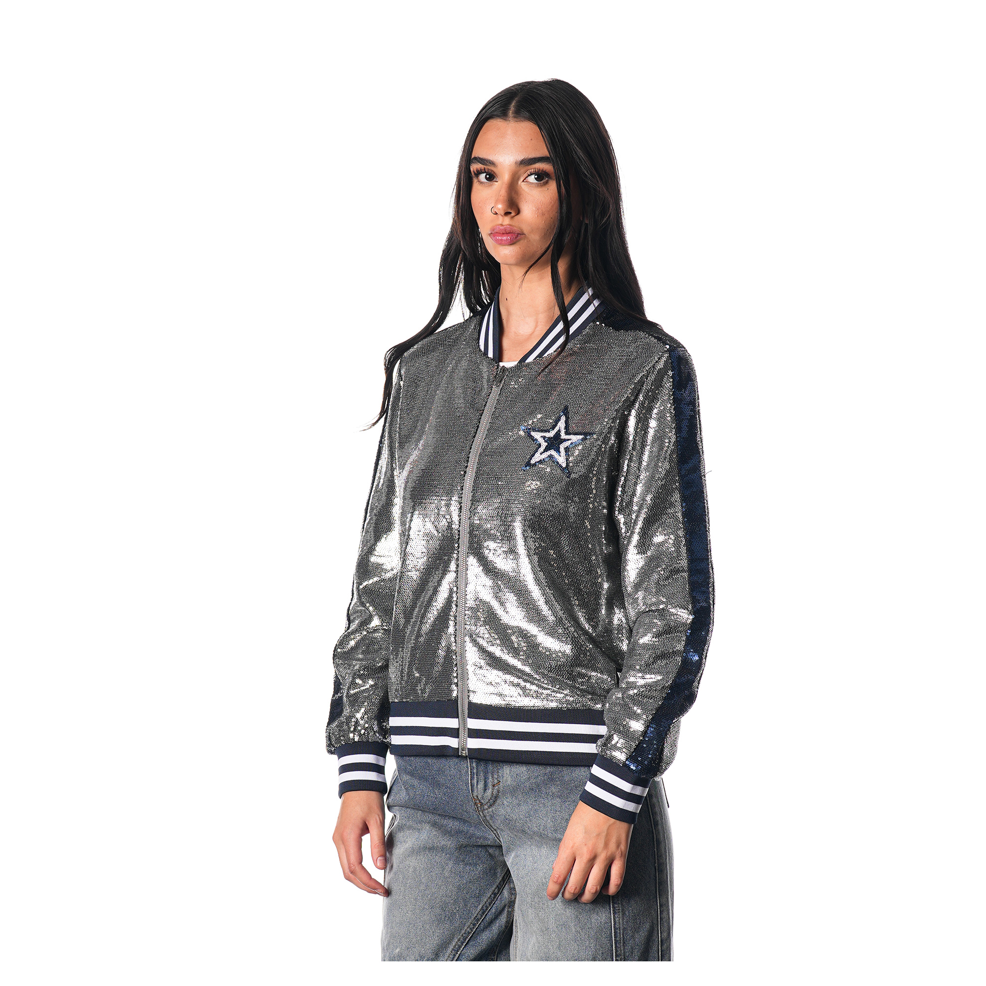 Women's The Wild Collective Silver Dallas Cowboys Sequin Full-Zip Bomber Jacket