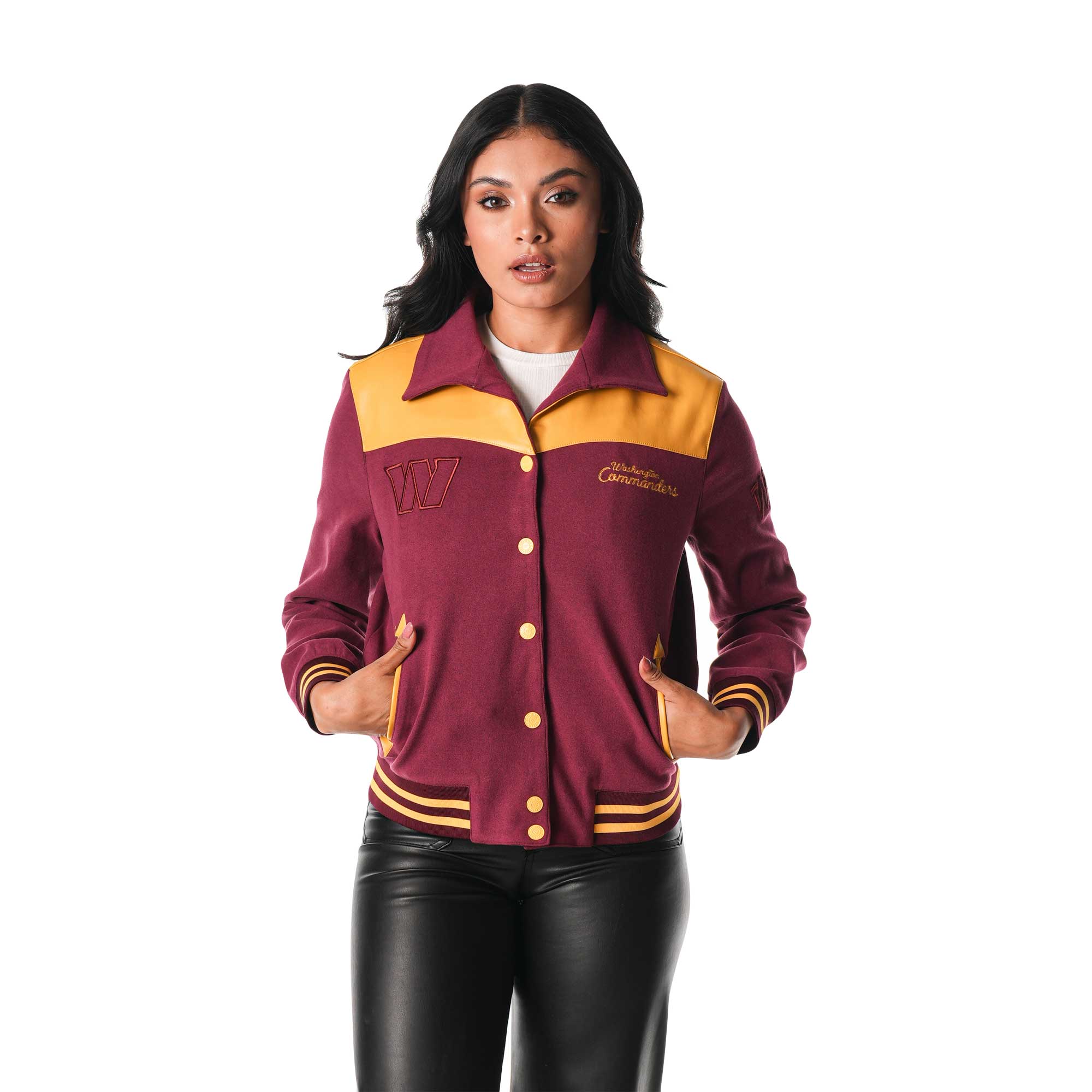 Women's The Wild Collective Black Washington Commanders Suede Full-Snap Bomber Jacket